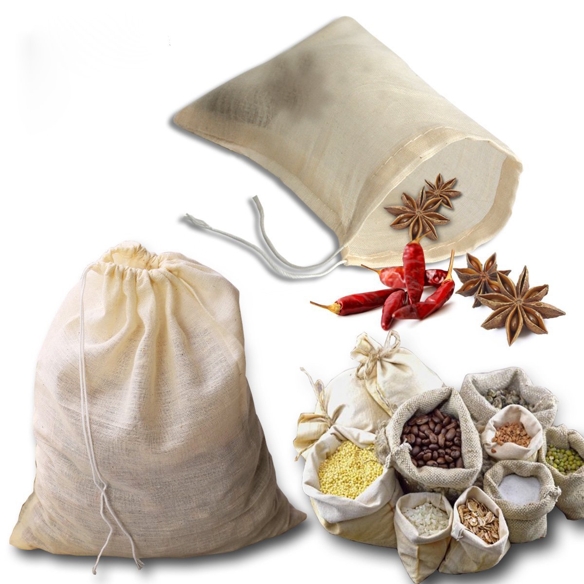 12-Pack Reusable Cotton Drawstring Bags for Soup, Tea, Coffee & Herbs - 4