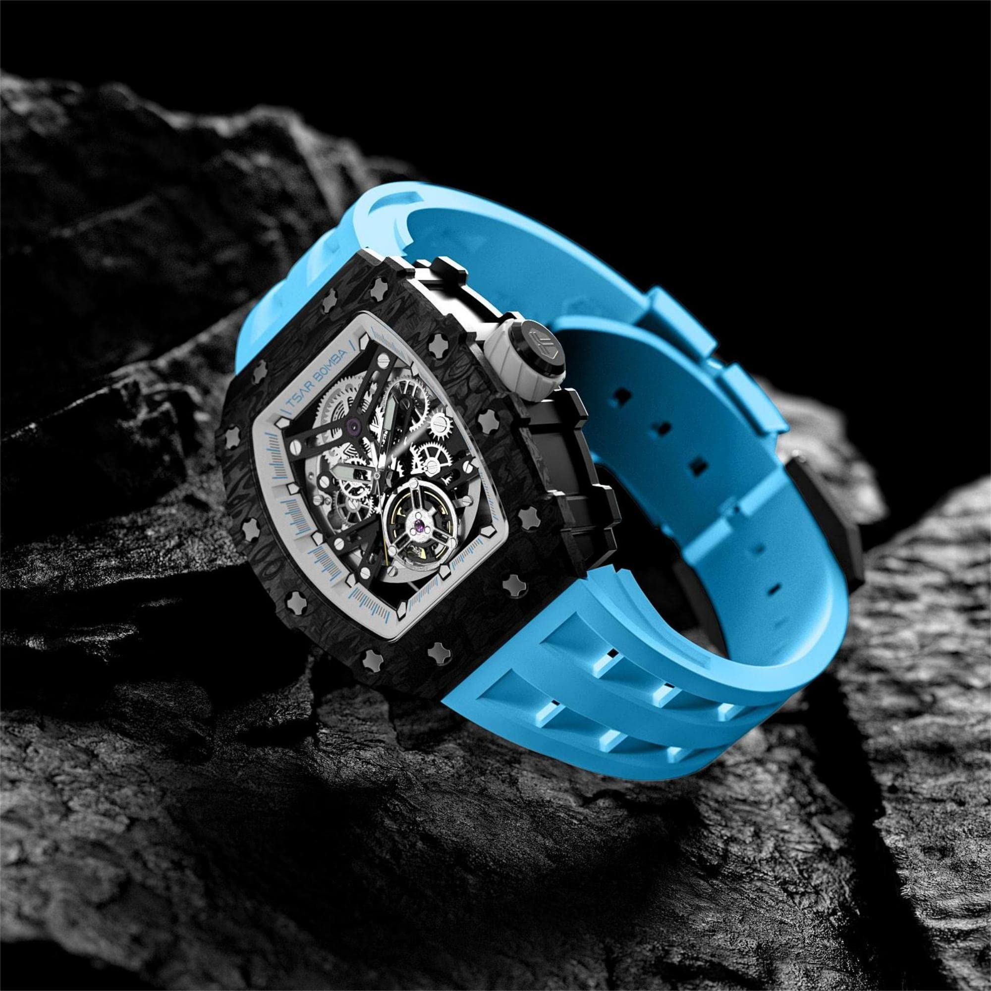 TSAR BOMBA Luxury Men's Watch - 50M Waterproof Tonneau Chronograph with Silicone Band & Mechanical Movement - Perfect for Business, Casual Wear & Gifts for Men