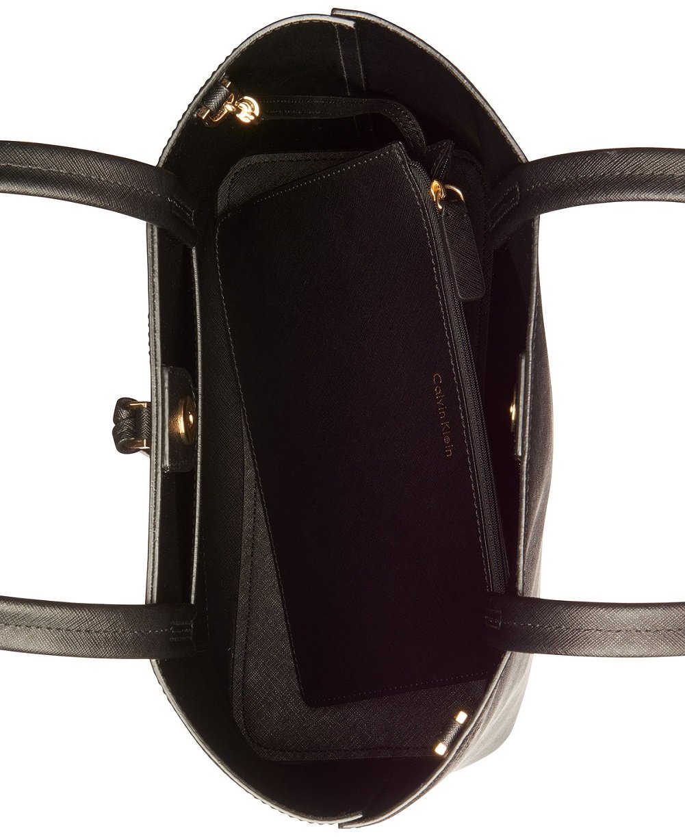 Calvin Klein Women's Kalina Medium Tote Bag with Pouch - Black & Gold Crossbody Handbag for Work, Travel & Everyday Use
