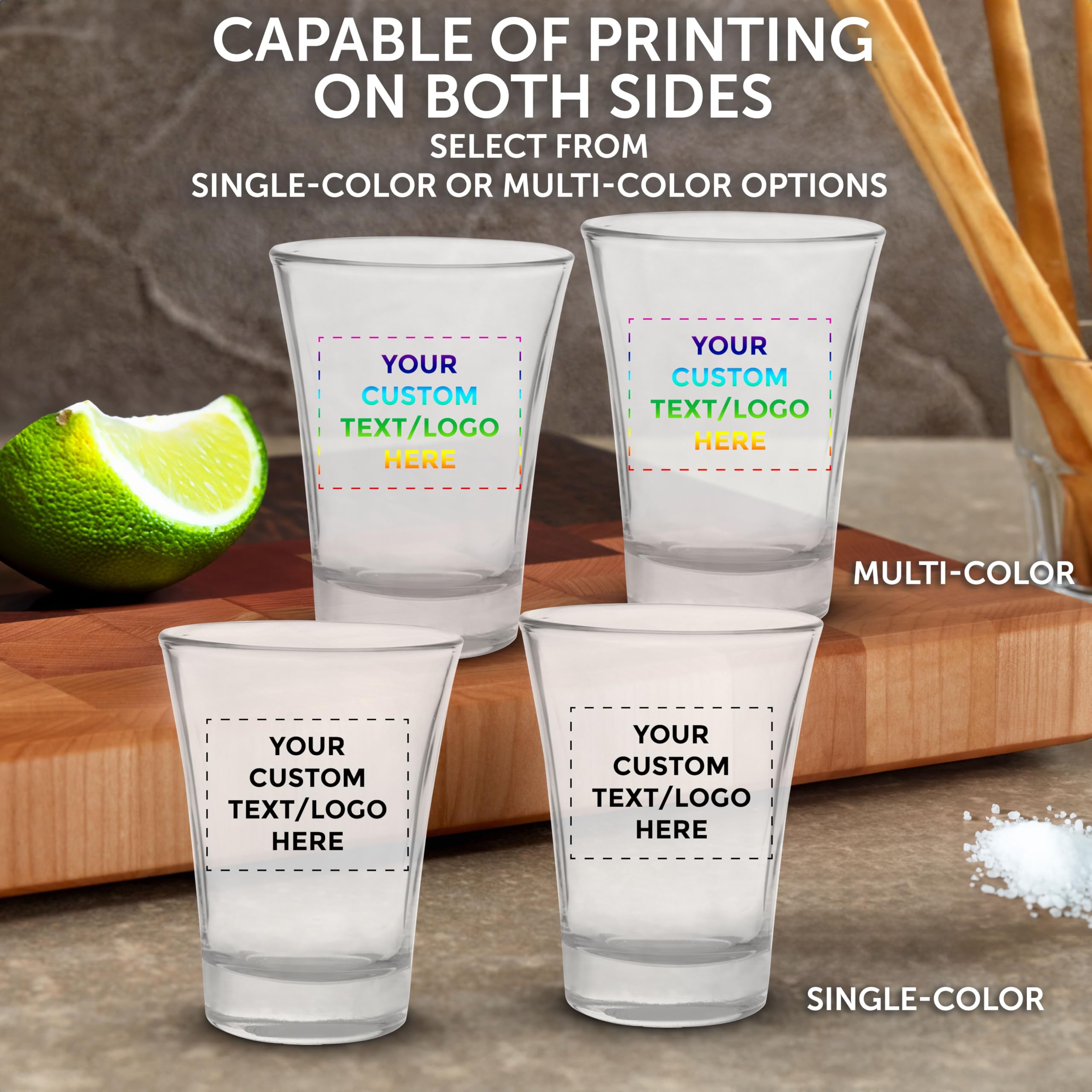 Custom 2 oz Shot Glasses Bulk Set of 100 - Personalized Barware for Weddings, Parties & Gifts - Clear Glass Drinking Cups - Perfect for Bachelor Parties, Birthday Celebrations & Corporate Events