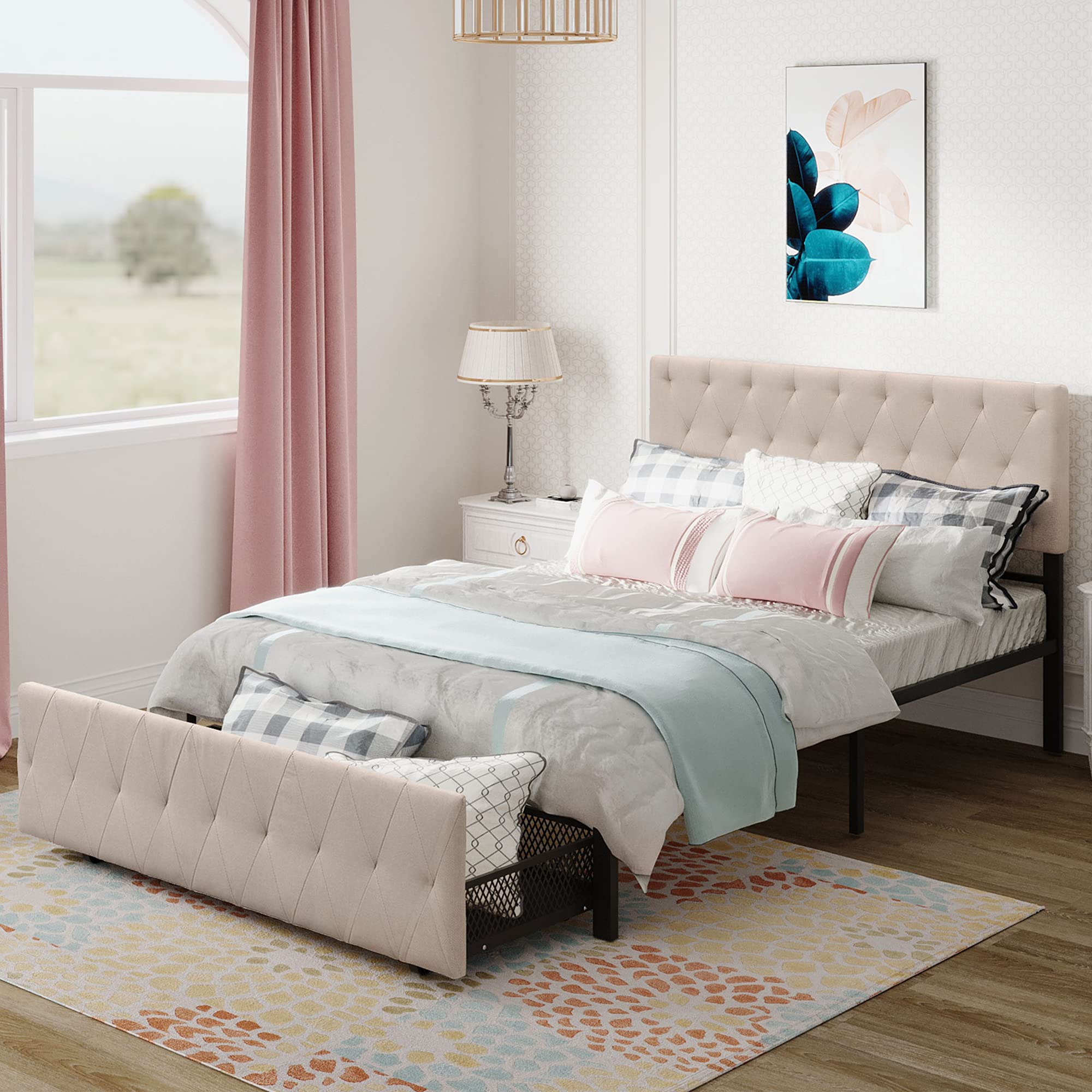 Full Size Platform Bed with Storage Drawers & Upholstered Headboard - Sturdy Metal Frame Bed for Bedroom & Guest Room - Space-Saving Storage Solution with Pull-Out Drawers for Linens, Blankets or Seasonal Clothing
