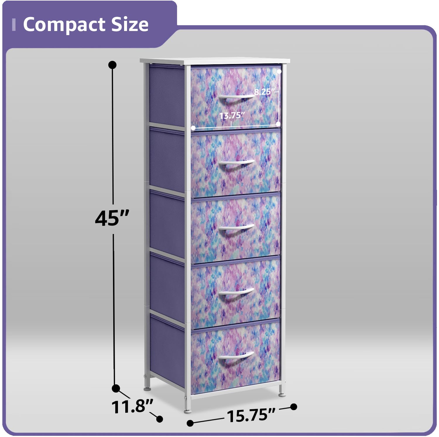 Sorbus Kids Dresser with 5 Fabric Drawers - Tall Storage Tower & Clothing Organizer for Bedroom, Nursery, Playroom - Steel Frame with Wood Handles (Tie-Dye Purple) | Perfect for Organizing Toys, Clothes & Accessories in Children's Rooms