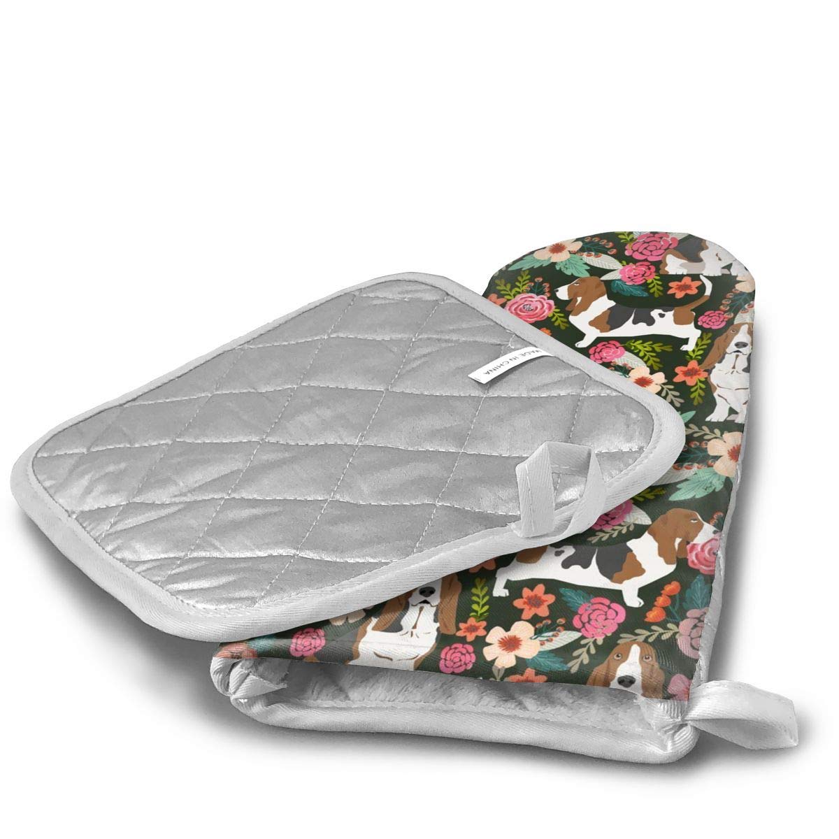 Basset Hound Floral Oven Mitts and Pot Holders Set of 2 - Heat Resistant Kitchen Baking Gloves with Soft Cotton Lining & Non-Slip Grip - Perfect for Cooking, Baking, Grilling, and BBQ Protection