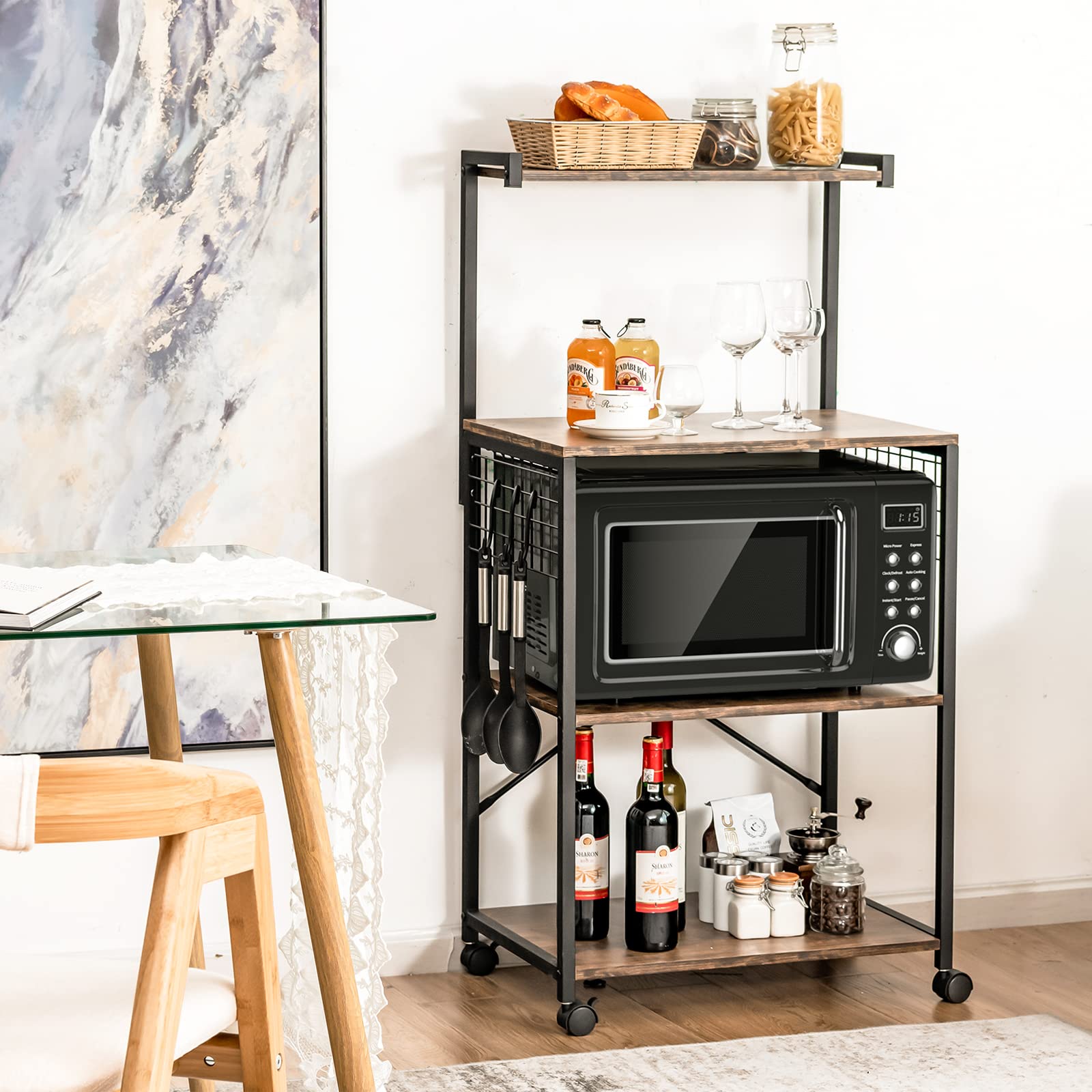 Giantex Industrial Rolling Kitchen Baker Rack with Wheels - 3 Hooks, Wood Shelves & Metal Frame - Microwave Stand, Storage Shelf for Dining Room & Pantry Organization (Rustic Brown) - Perfect for Small Kitchens, Bakeries & Home Storage Solutions