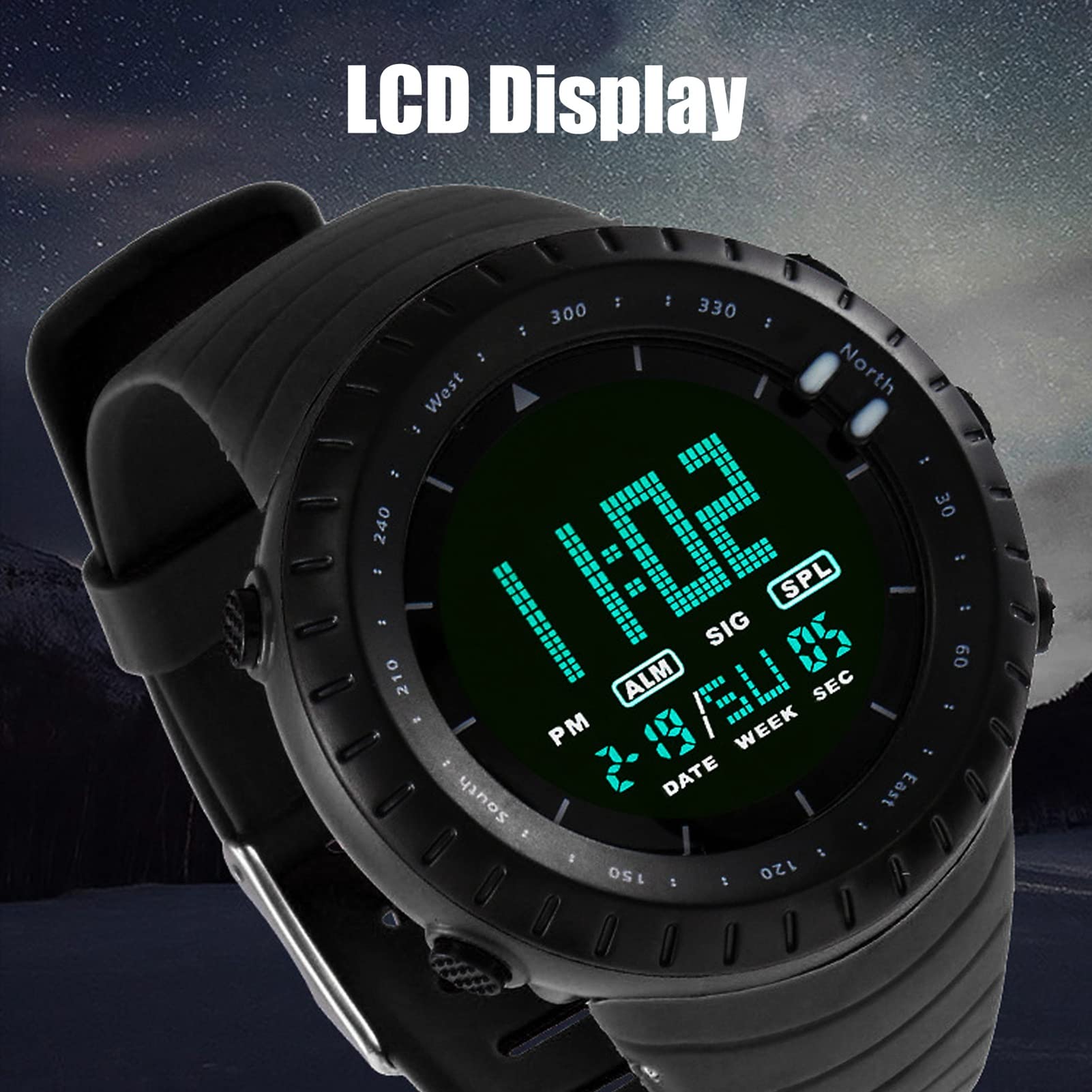 Men's Digital Outdoor Sports Watch HZ500 - Waterproof Multifunctional Electronic Wristwatch with LCD Backlight & Large HD Screen - Perfect for Running, Cycling, Hiking, Camping & Casual Wear (Black)