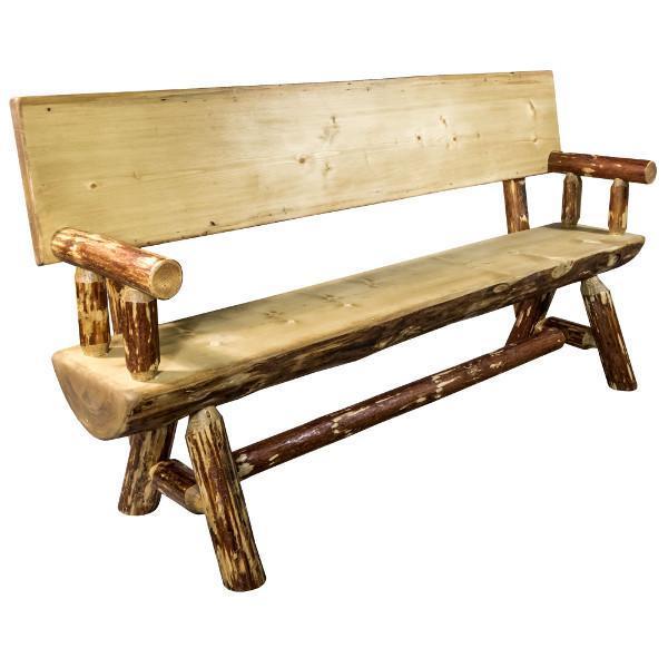 Glacier Country Half Log Bench with Back & Arms - Rustic Outdoor Wooden Seating for Garden, Patio & Backyard Relaxation