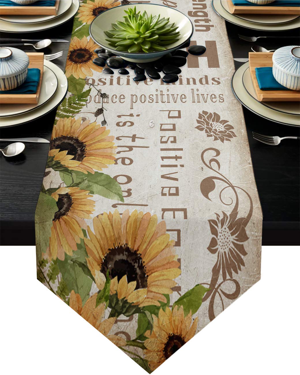 Vintage 1998 Cotton Linen Table Runner with Inspirational Sunflower Design - 13x70 Inch Kitchen, Garden, Wedding & Party Decor for Indoor/Outdoor Dining