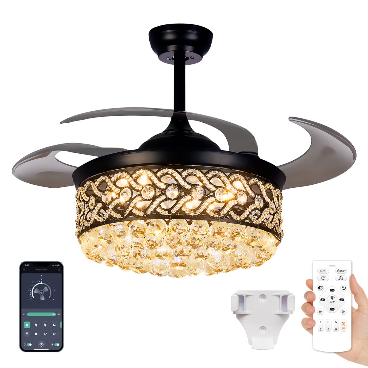 42 Inch Retractable Fandelier Ceiling Fan with Lights - Remote Control, Dimmable 5000K-6500K, 6 Speed, Memory Function, Modern Chandelier Fan with Retractable Blades (Black) - Perfect for Living Room, Bedroom, and Dining Room