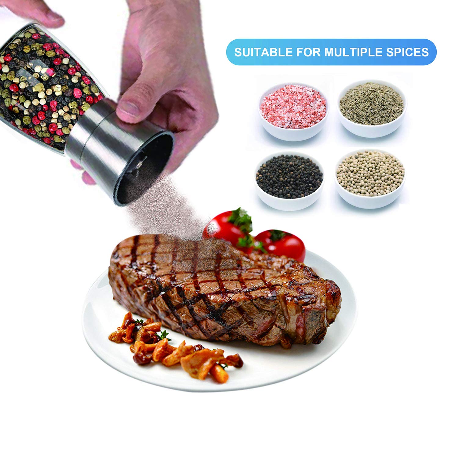 Premium Salt and Pepper Grinder Set of 2 - Adjustable Ceramic Mill with Stainless Steel Stand & Glass Body - Refillable Spice Grinders for Kitchen, Dining Table & Gourmet Cooking