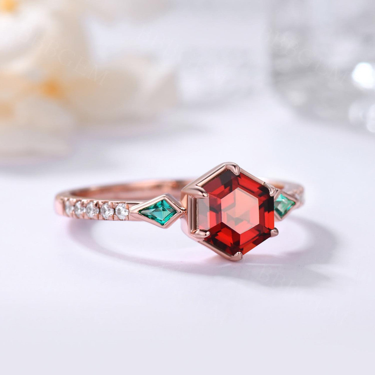 Unique Hexagon Garnet and Emerald Engagement Ring - Bezel Set Rose Gold Wedding Band for Women - Perfect for Proposals, Anniversaries, and Special Occasions
