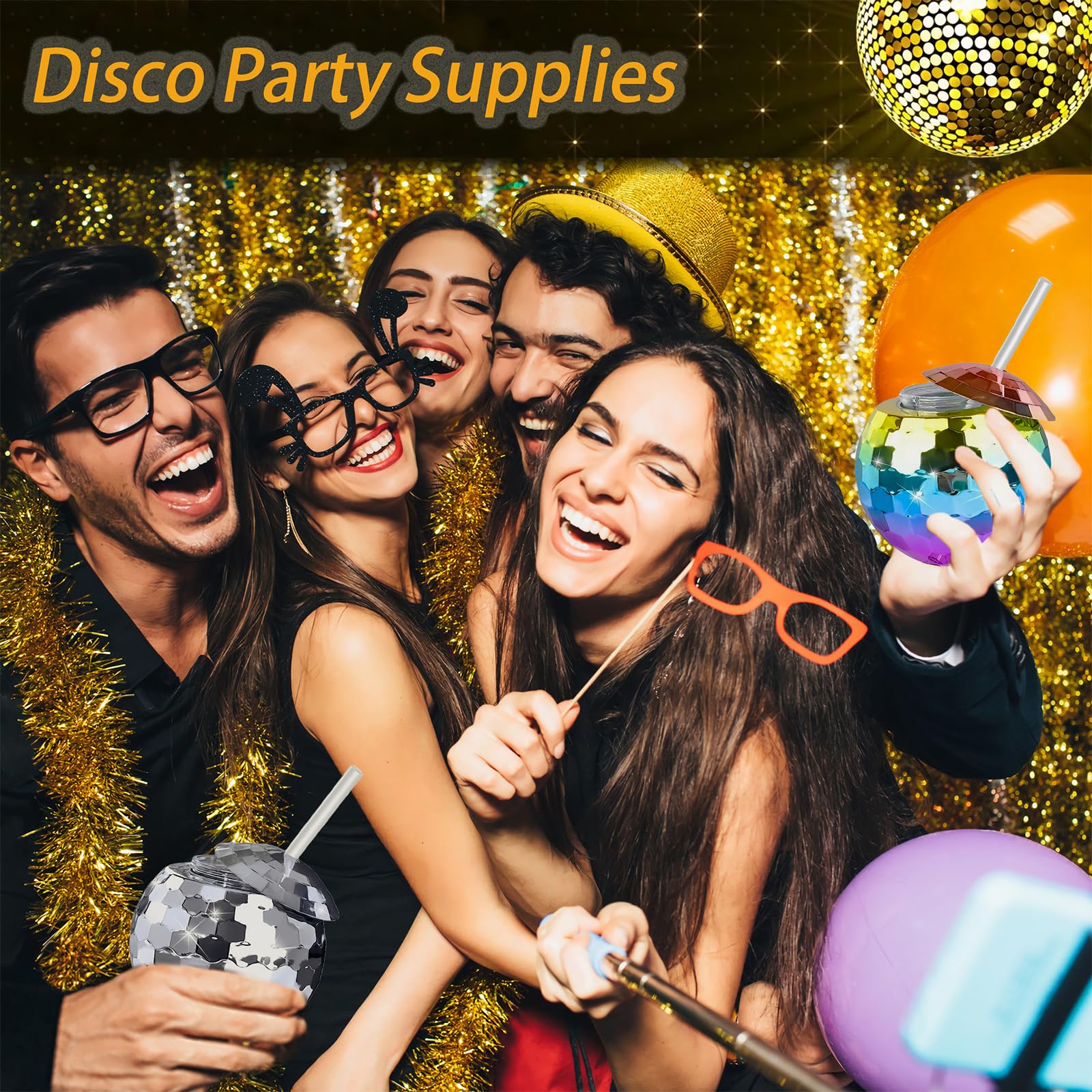 25-Pack 20oz Disco Ball Cups with Lids & Reusable Straws - Rainbow Glitter Party Cups for Cocktails, Wine, Tea & Drinks - Perfect for Nightclubs, Bars, Birthday Parties & Themed Events