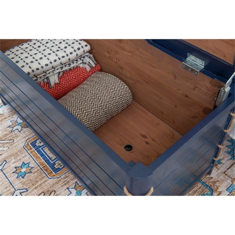 Linon Zana Blue Distressed Wood Cedar Lined Storage Chest with Rope Detail - Perfect for Bedroom Closet Organization & Blanket Storage