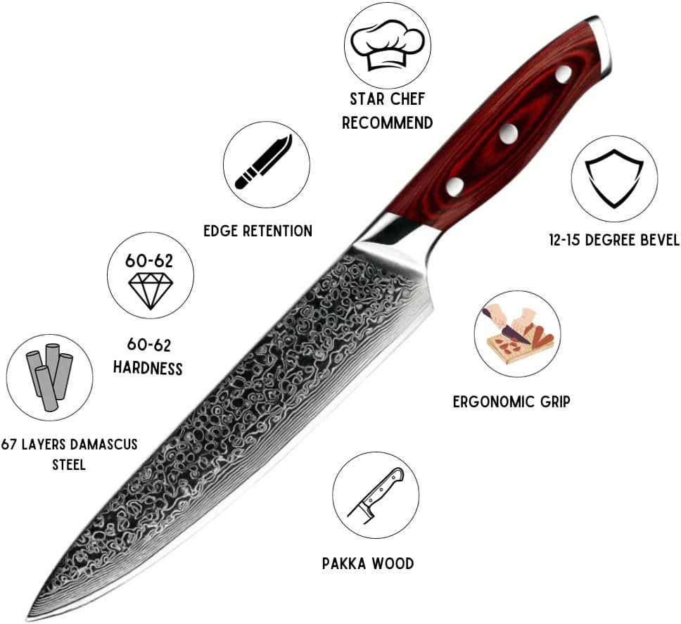 VG10 Damascus Steel Chef Knife with Pakkawood Handle - Professional Japanese Kitchen Knife for Slicing, Dicing & Chopping - Perfect for Home Cooks & Professional Chefs
