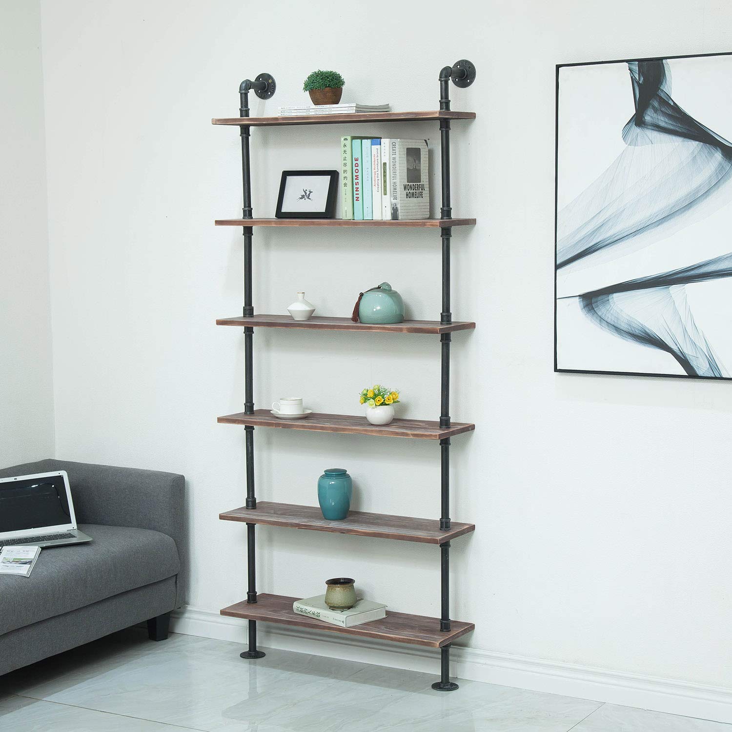 Industrial Pipe Shelving - 6-Tier Rustic Modern Wood Ladder Storage Shelf | Wall Mount Pipe Design DIY Bookshelf (24 Inch) for Living Room, Bedroom & Office Organization