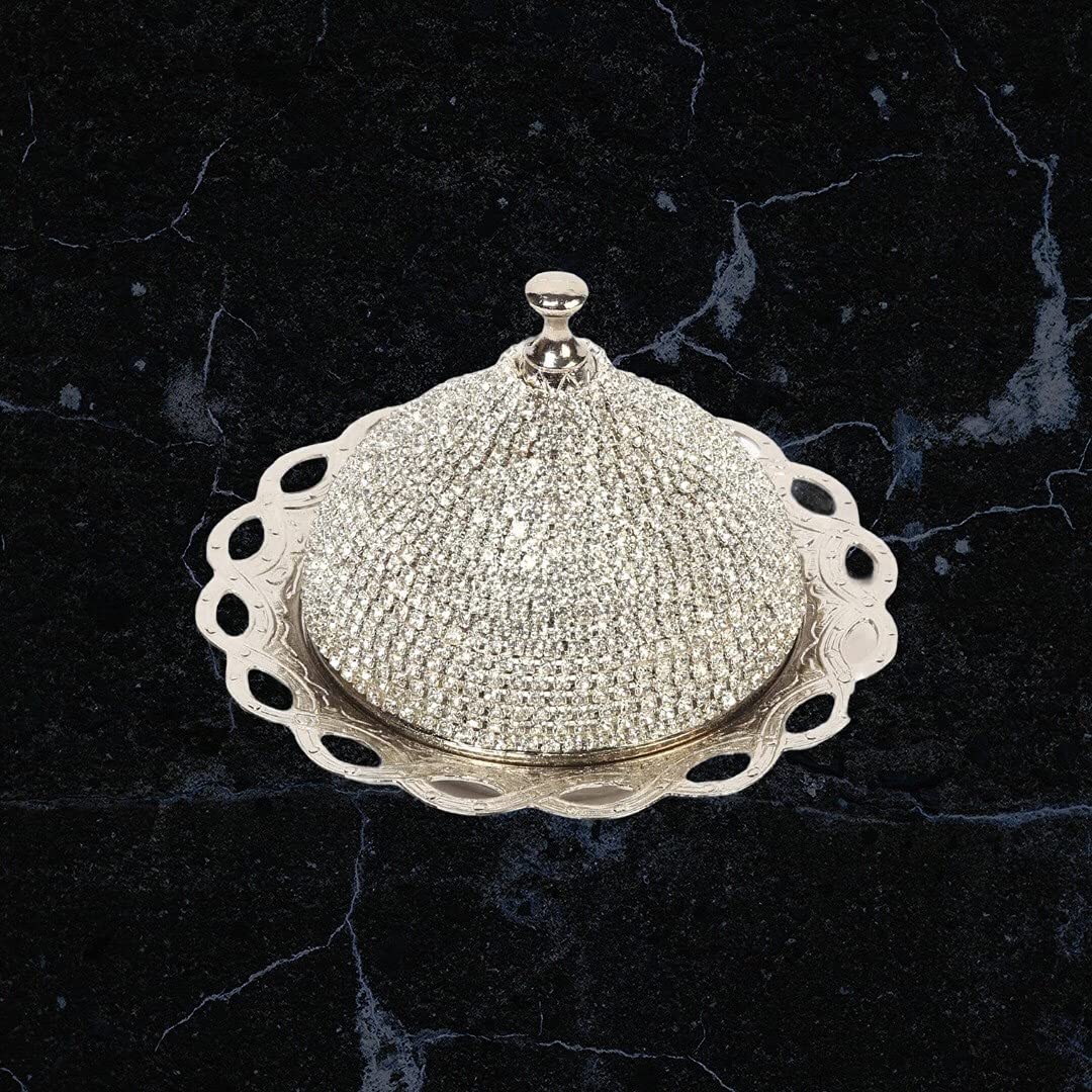 Handmade Brass Sugar Bowl with Lid - Coated Candy Dish for Chocolate & Sweets - Elegant Crystal & Silver Serving Bowl for Desserts, Tea Parties, and Home Decor