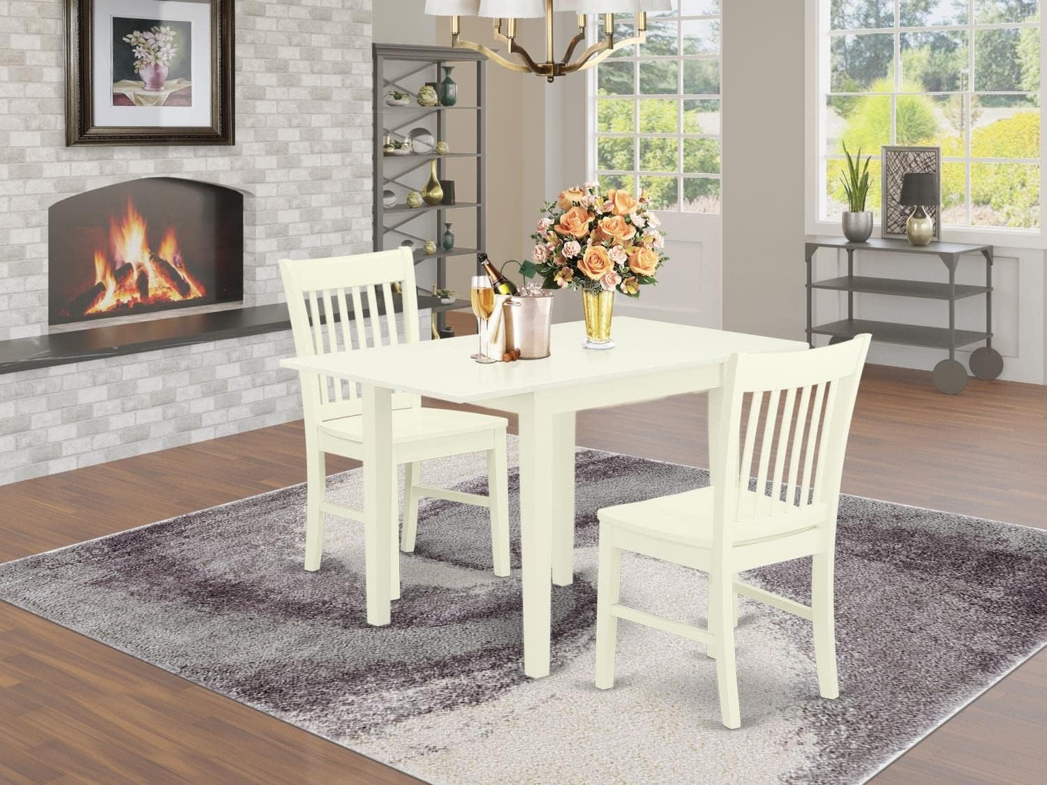 East West Furniture NDNO3-LWH-W 3-Piece White Linen Dining Set with Drop-Leaf Table (30x48 Inch) & 2 Chairs - Perfect for Small Kitchens, Breakfast Nooks & Cozy Apartments