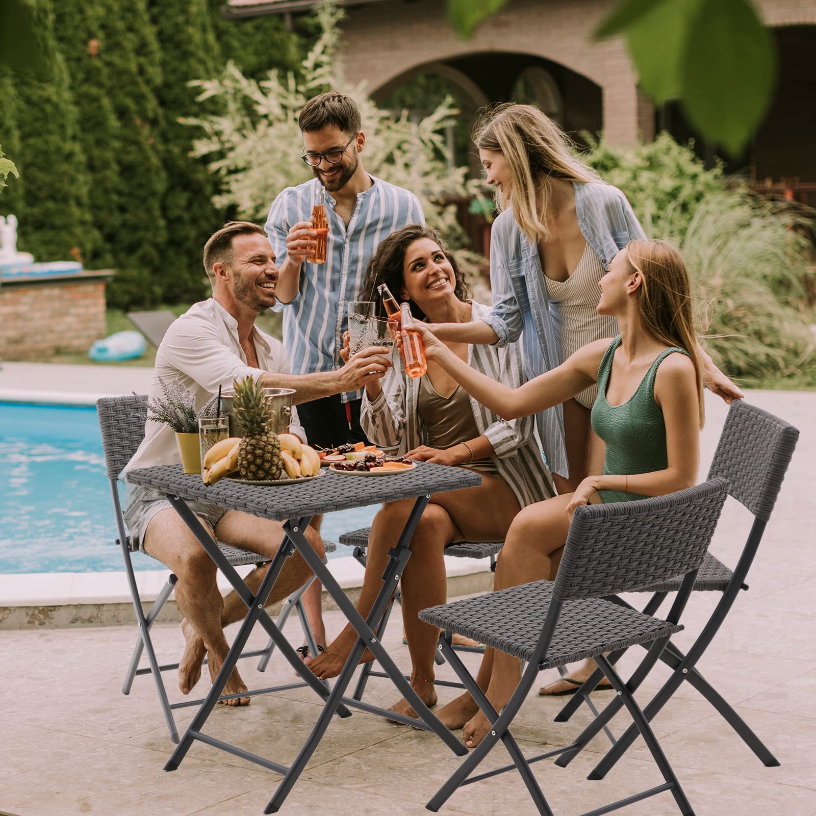 3-Piece Rattan Patio Bistro Set with Foldable Table & Chairs - All-Weather Outdoor Furniture for Garden, Backyard, Pool, Lawn & Balcony - Dark Grey Brushed Rattan Style (Perfect for Small Spaces & Entertaining)