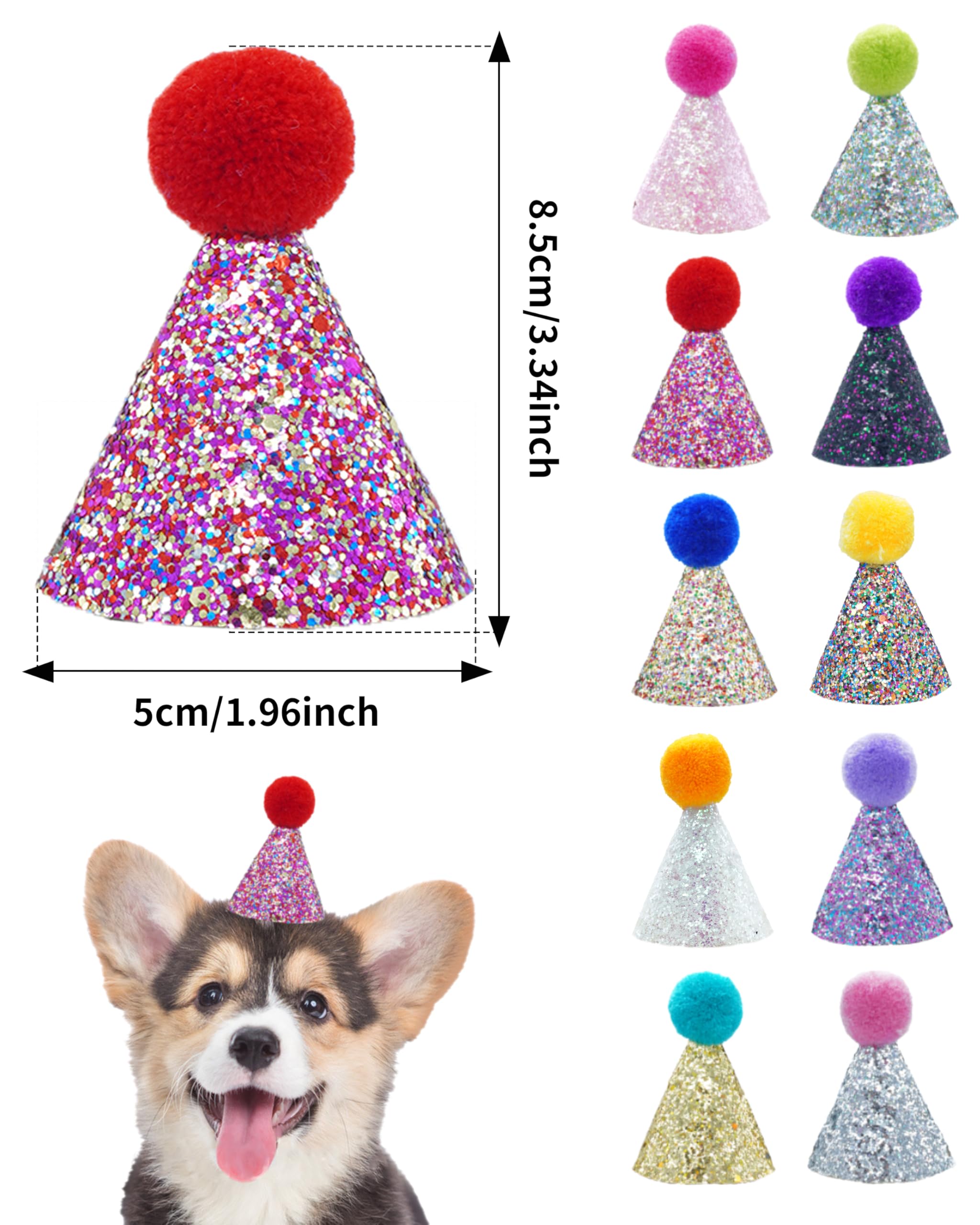 10 Pack Mini Small Dog Hats with Sequins - Adjustable Puppy Birthday Party Hats for Cats & Kittens - Pet Grooming Costume Accessories for Holidays, Halloween & Christmas Dress Up