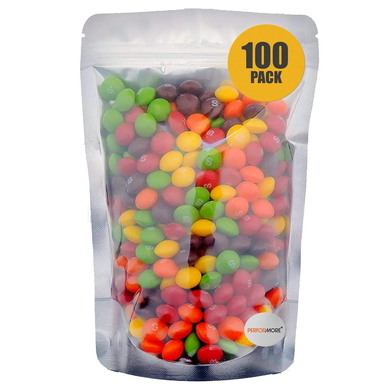 Performore 5 x 8 Inch Stand Up Pouch Bags - 100 Pack Heavy Duty Mylar Food Storage Bags with Resealable Ziplock, Odor Proof & Heat Sealable (Clear Front/Aluminum Foil Back) - Perfect for Coffee, Snacks, Pet Food & Meal Prep Storage