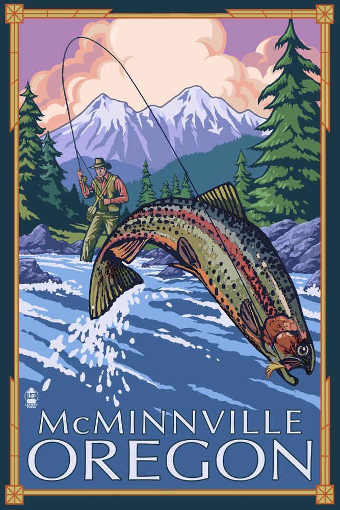 McMinnville Oregon Fisherman Giclee Art Print - 16x24 Wall Decor, Travel Poster for Home, Office & Cabin Decor