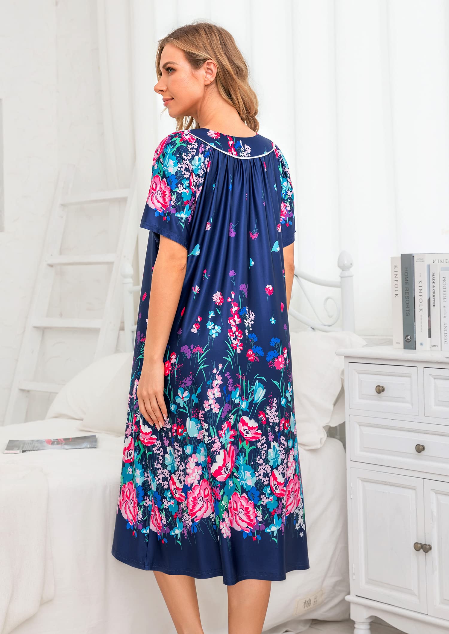 YOZLY Women's Short Sleeve House Dress - Comfortable Mumu Duster Robe with Pockets | Perfect for Lounging at Home, Running Errands & Maternity Wear
