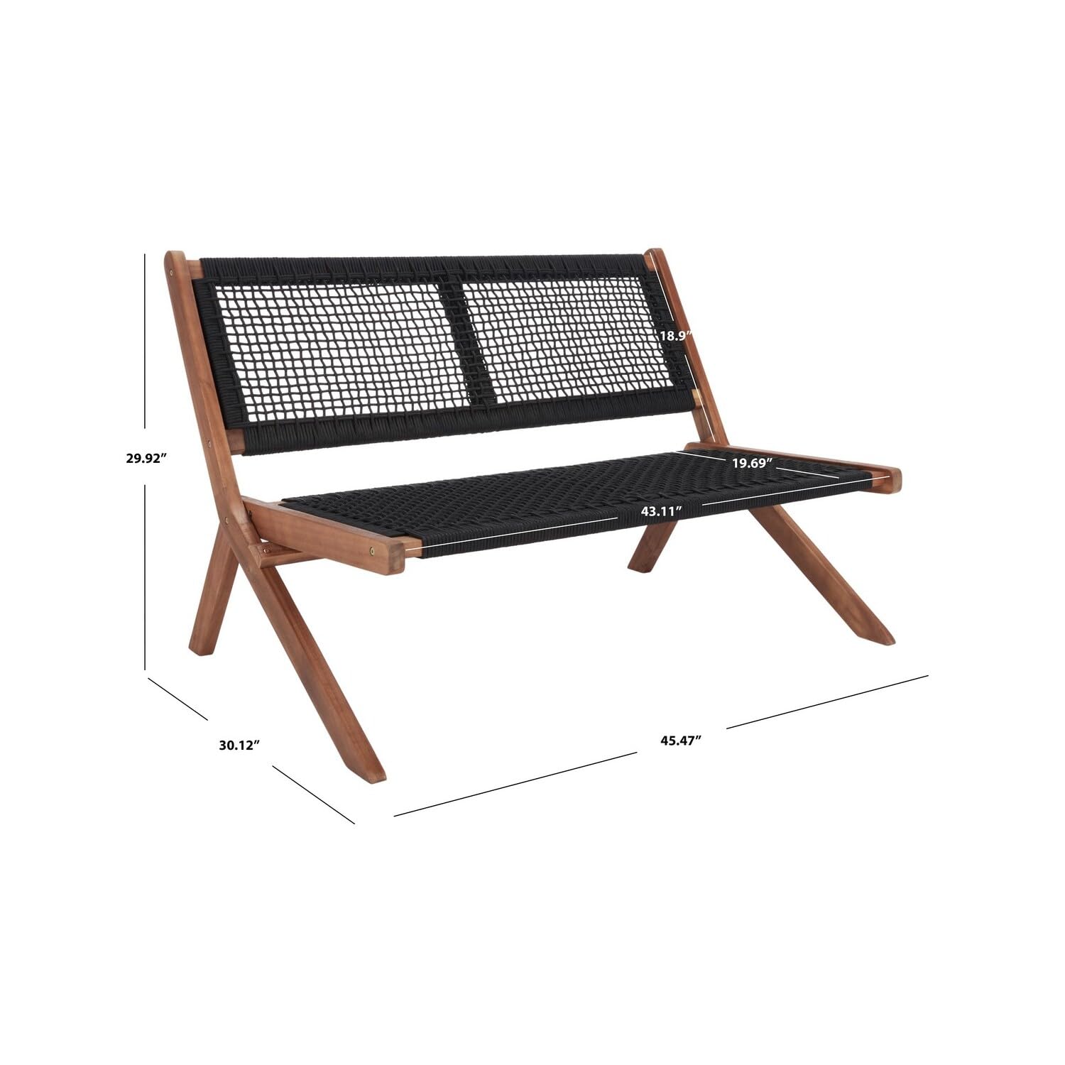 SAFAVIEH Kobina Acacia Wood Rope Foldable Outdoor Bench - Natural/Black - Perfect for Patio, Garden, Deck & Poolside Seating