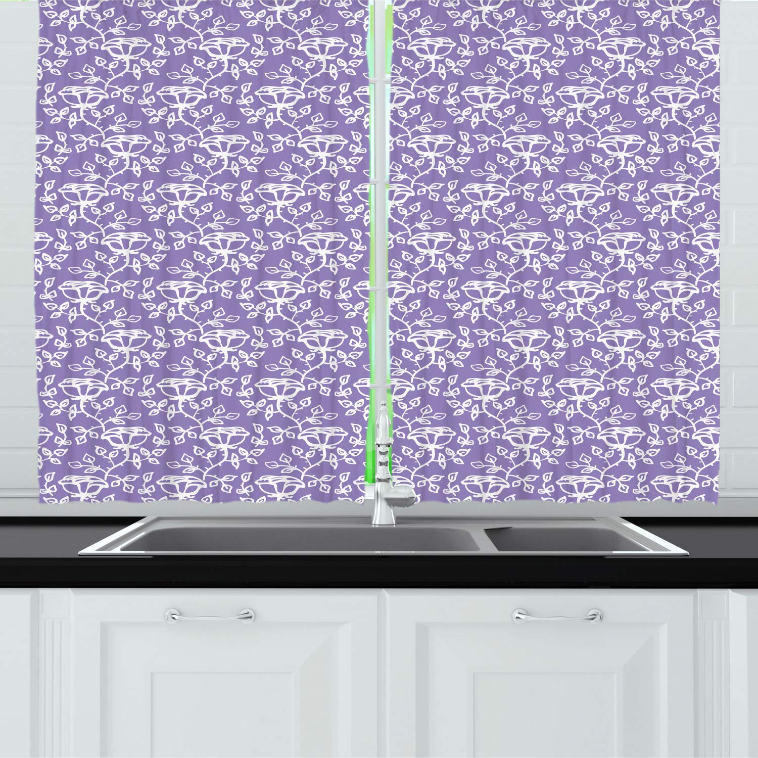 Ambesonne Purple Rose Long Kitchen Curtains - Elegant Floral Design with Lavender & White Spring Pattern, 55