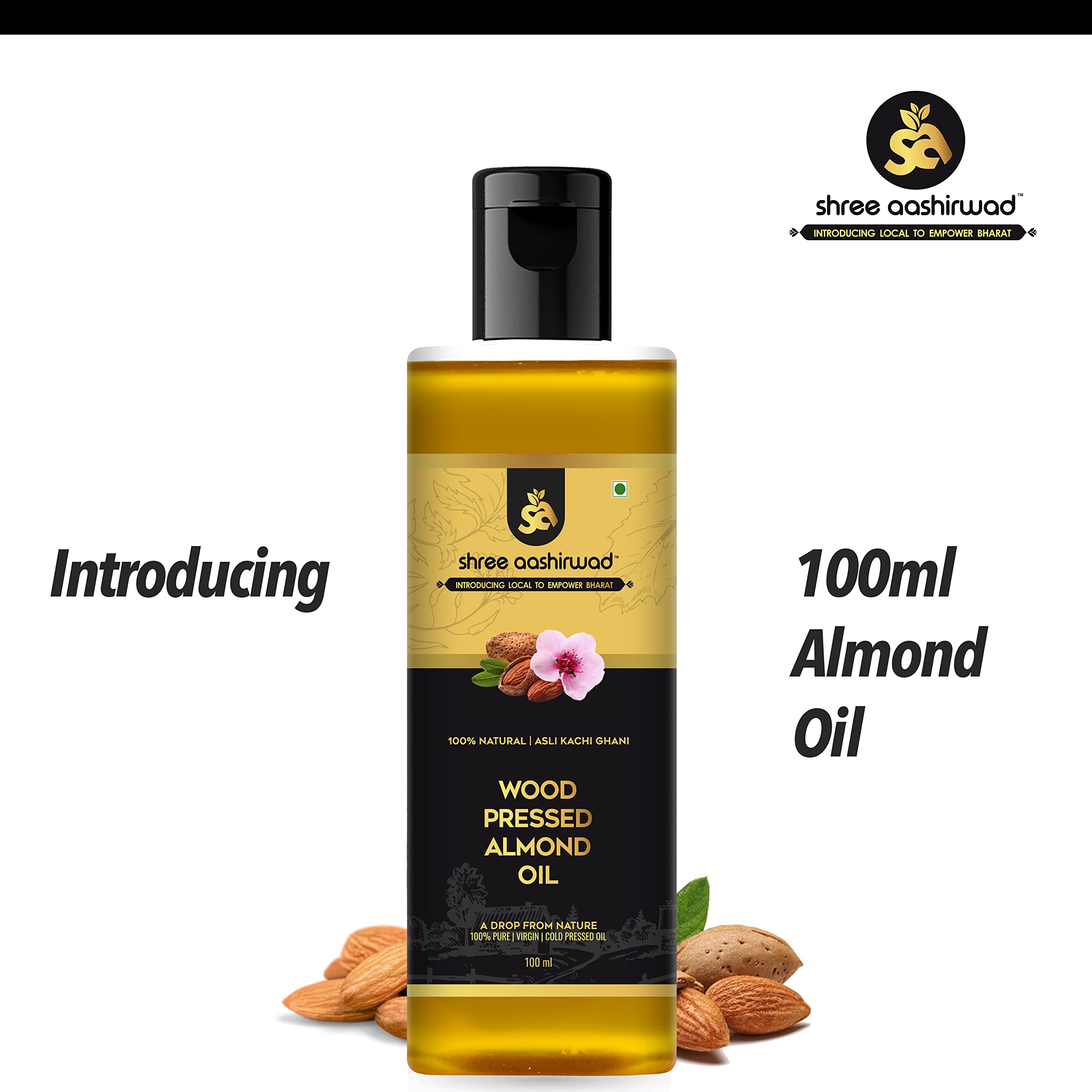 Shree Aanantam Badam Tail - 100ml | Pure Sweet Almond Oil for Skin & Hair Care | Cold Pressed Virgin Almond Oil Rich in Vitamin E | Promotes Healthy Skin, Hair & Body | Perfect for Massage, Aromatherapy & DIY Beauty Recipes