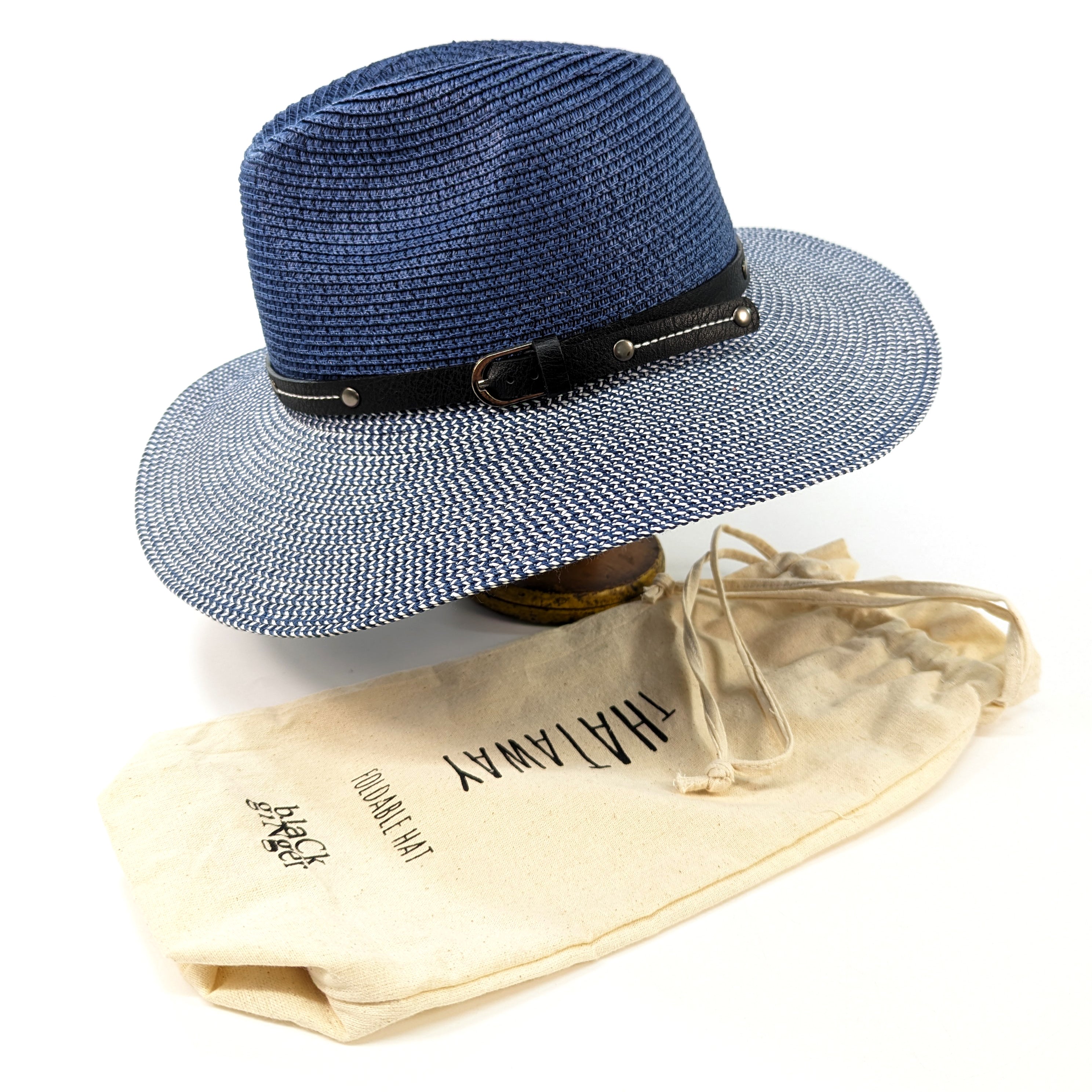 Two Tone Panama Foldable Hat for Men & Women - Mottled/Navy Blue with Adjustable Belt (57cm) - Perfect for Beach, Travel, and Outdoor Activities