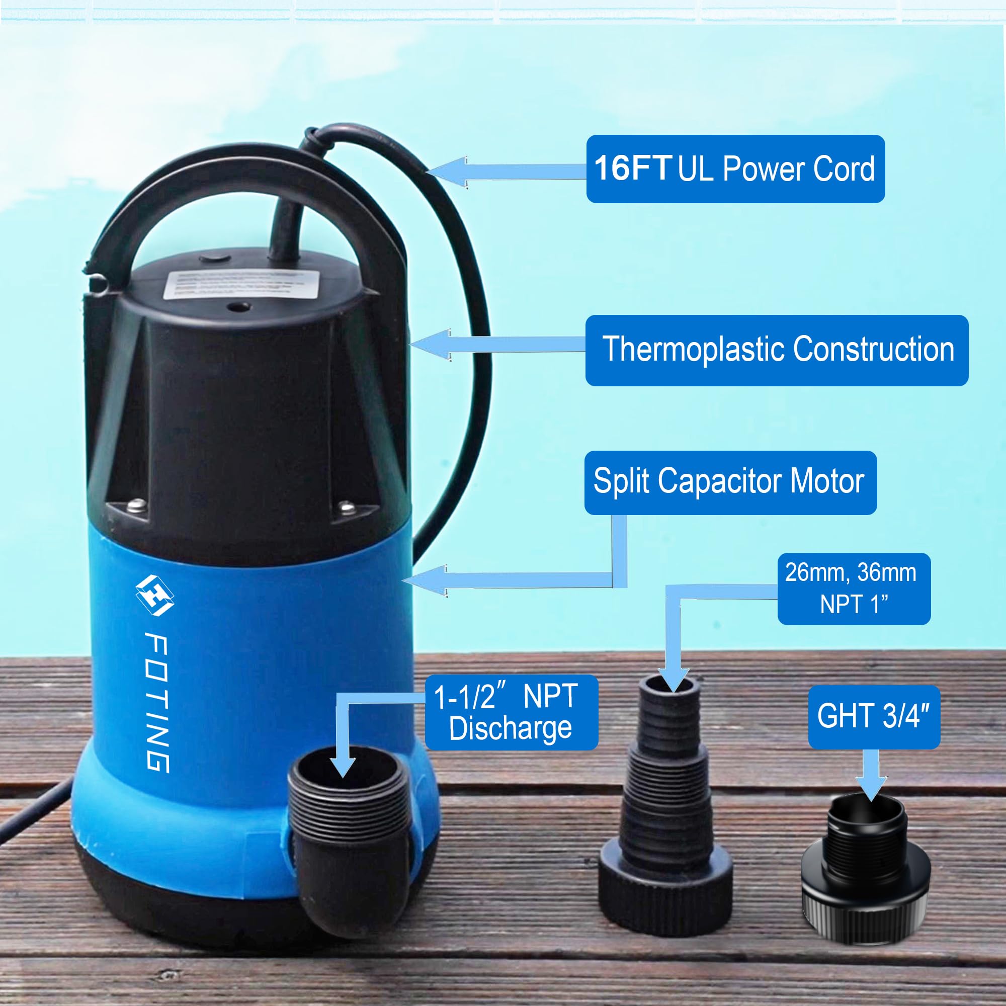 1HP FOTING Submersible Sump Pump - 4600GPH High Flow Clean/Dirty Water Pump with 16ft Power Cord - Portable Thermoplastic Utility Pump for Swimming Pools, Garden Ponds, Basement Flooding & Water Transfer - Ideal for Emergency Drainage, Irrigation, and Home Maintenance