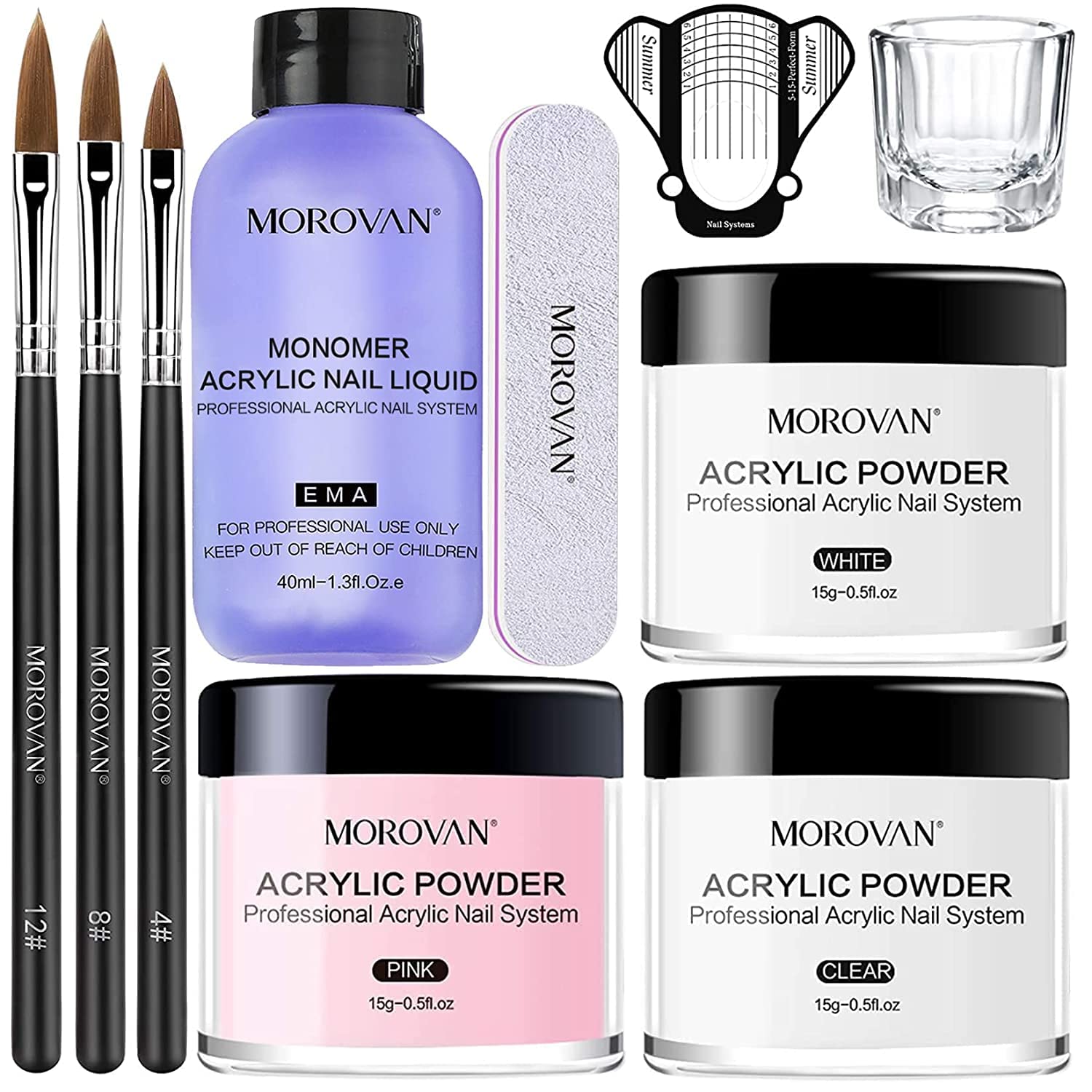 Morovan Professional Acrylic Nail Kit - White, Clear & Pink Acrylic Powder Set with Nail Brush for Extensions & Carving | Beginner-Friendly DIY Manicure Kit for Salon-Quality Nails at Home