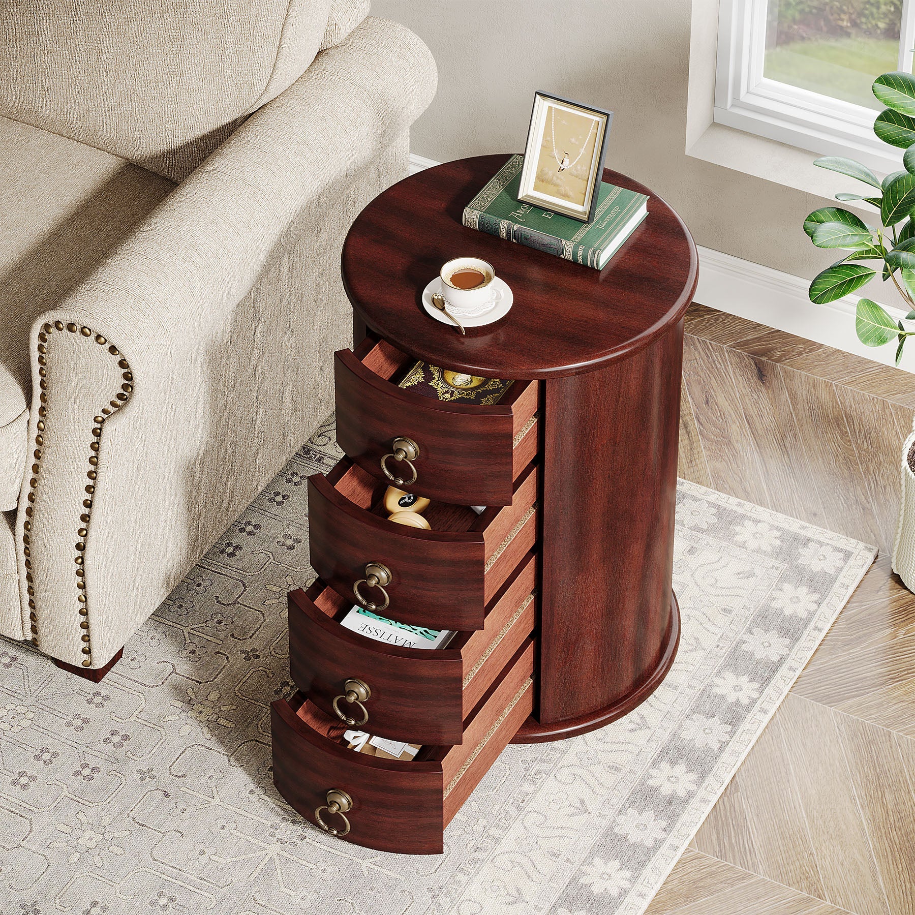 Round Wood End Table with 4 Drawers - Small Side Table for Living Room, Bedroom, or Office - Perfect for Storage and Decor