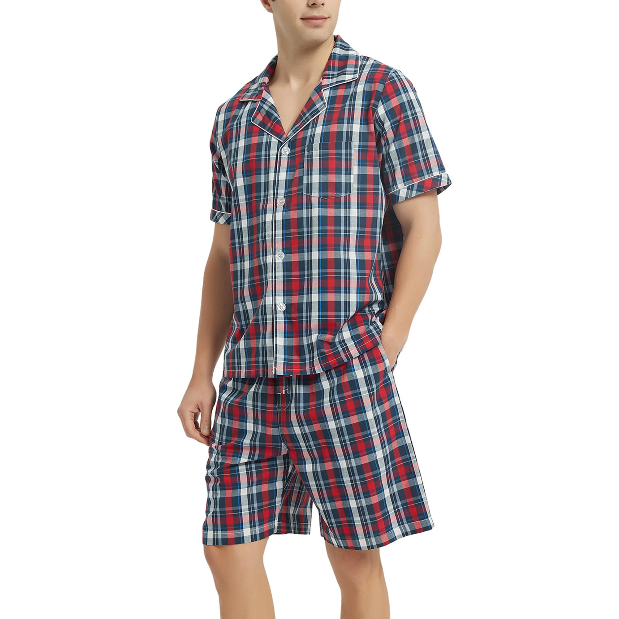 **Vulcanodon Men's Cotton Pajama Set - Short Sleeve Button Down Sleepwear for Men, Lightweight & Breathable - Perfect for Lounging, Sleep, and Travel**