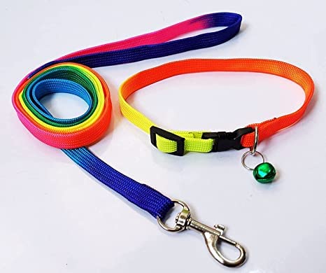 **Rainbow Adjustable Dog Collar & Leash Set with Bell - 7-12 Inch Neck Size for Small Dogs & Puppies - Durable Pet Accessories for Walking, Training & Outdoor Adventures (Color May Vary)**