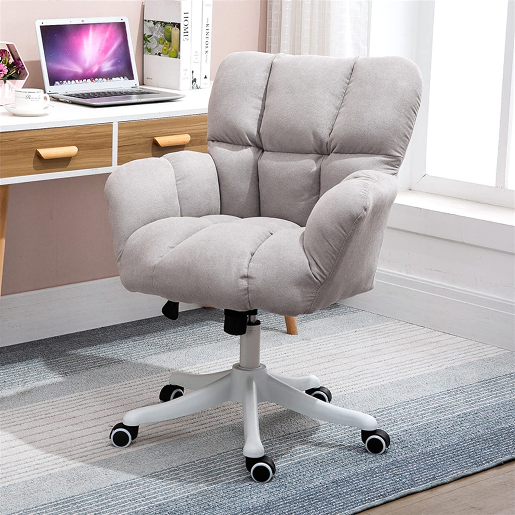 Ergonomic Adjustable Height Home Office Chair - Cotton Linen Computer Desk Chair with Mid Back Support, Modern Swivel Executive Chair with Nylon Feet for Home, Work & Office Use | Perfect for Long Hours of Comfortable Working & Video Conferencing