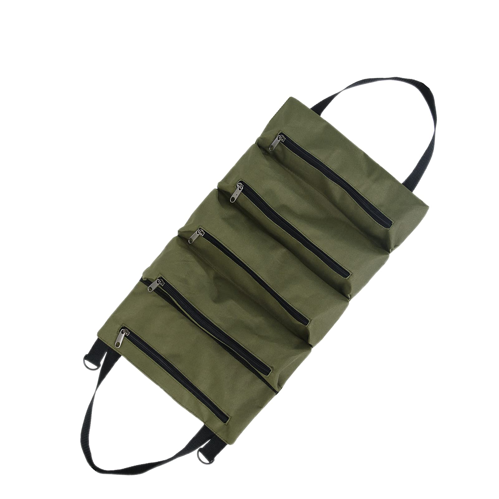 Heavy Duty Canvas Tool Roll Up Bag with 5 Zipper Pockets - Multi-Purpose Wrench Organizer & Hanging Pouch for Electricians, HVAC Mechanics, DIY - Military Green - Perfect for Workshop, Garage & Job Site Organization