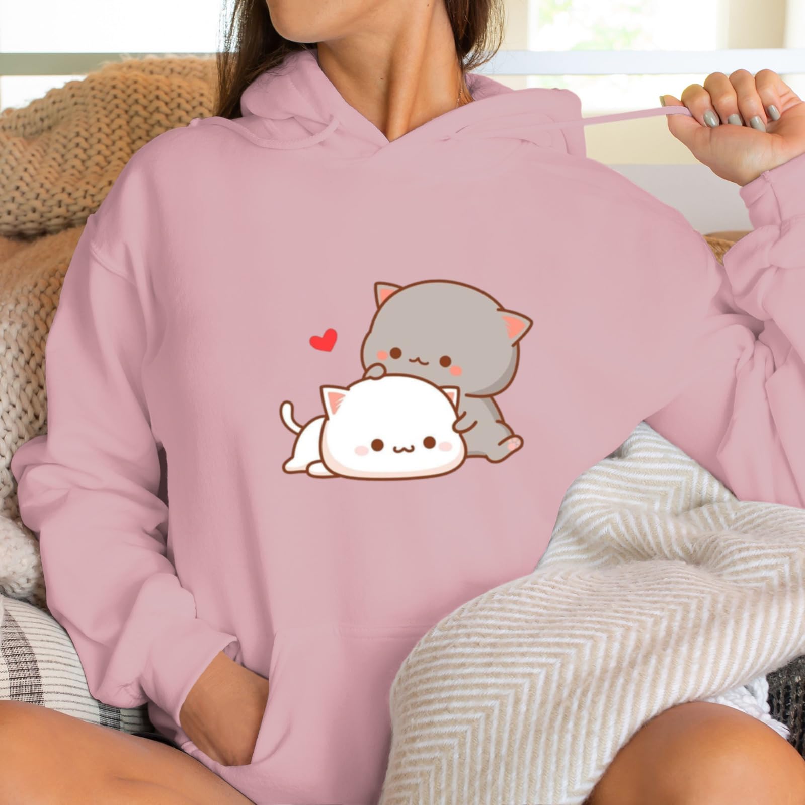 Cute Cat Graphic Hoodie for Women - Kawaii Anime Cartoon Pullover Sweatshirt | Lightweight Hooded Top for Teen Girls | Perfect for Casual Wear, School & Street Fashion
