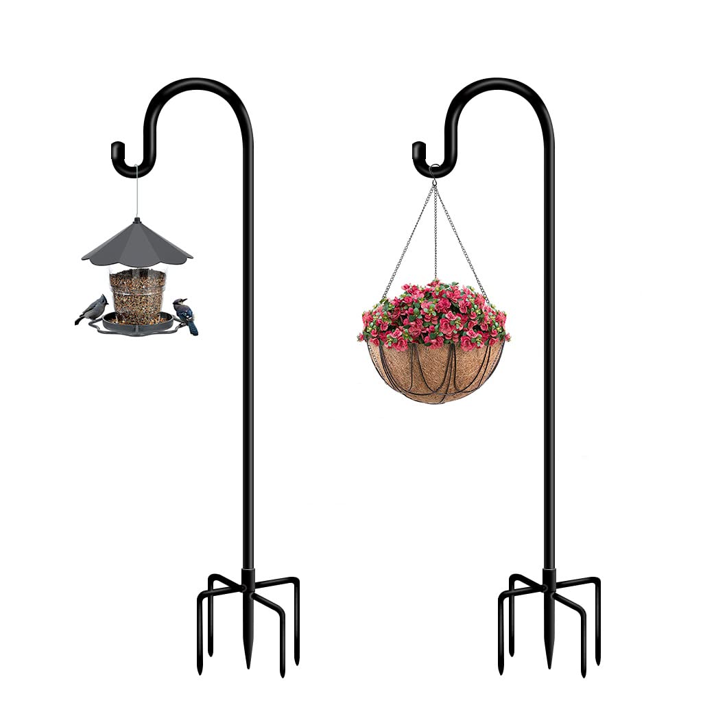 60 Inch Heavy Duty Adjustable Outdoor Shepherd Hooks for Hanging Plants - 2 Pack Black Garden Hooks for Solar Lanterns, Wind Chimes, Flower Baskets & Hummingbird Feeders - Perfect for Patio, Deck, Yard and Garden Decor