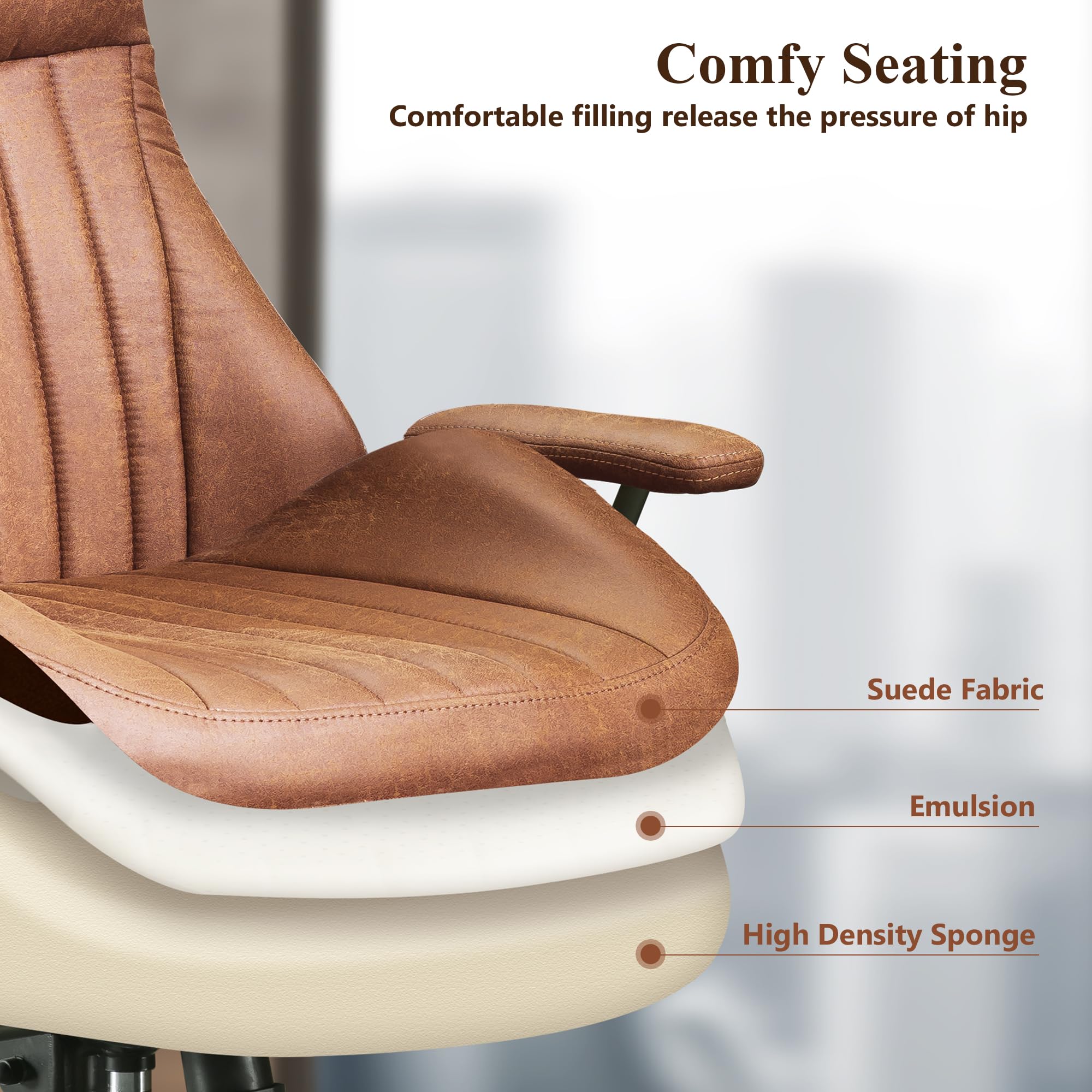 Mid Century Modern Office Chair - High Back Ergonomic Executive Chair with Lumbar Support, Swivel Computer Desk Task Chair with Wheels, Faux Leather Suede Fabric Home Office Chair (Brown) - Perfect for Home Office, Gaming & Workspace Comfort