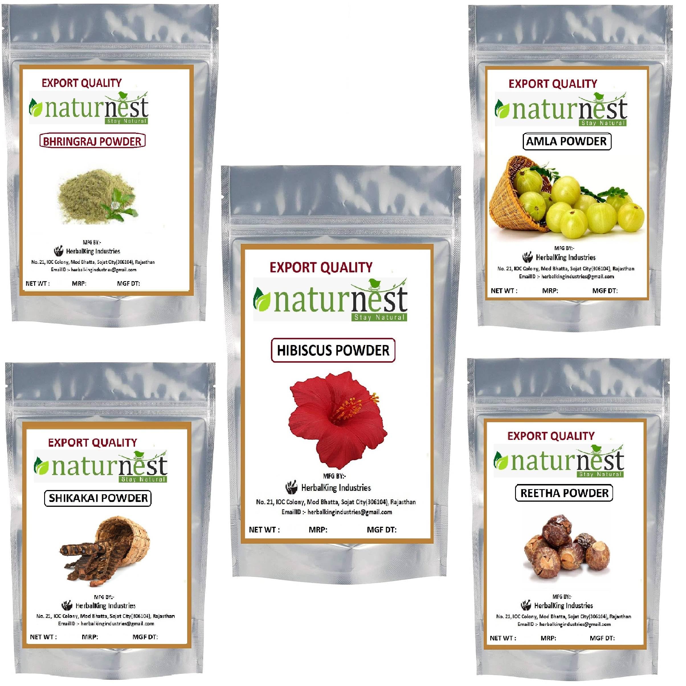 Natural Amla Reetha Shikakai Bhringraj Hibiscus Hair Powder Combo Pack - 5 Herbal Hair Care Powders (100g Each, Total 500g) for Hair Growth, Dandruff & Scalp Care | DIY Hair Masks & Ayurvedic Treatments