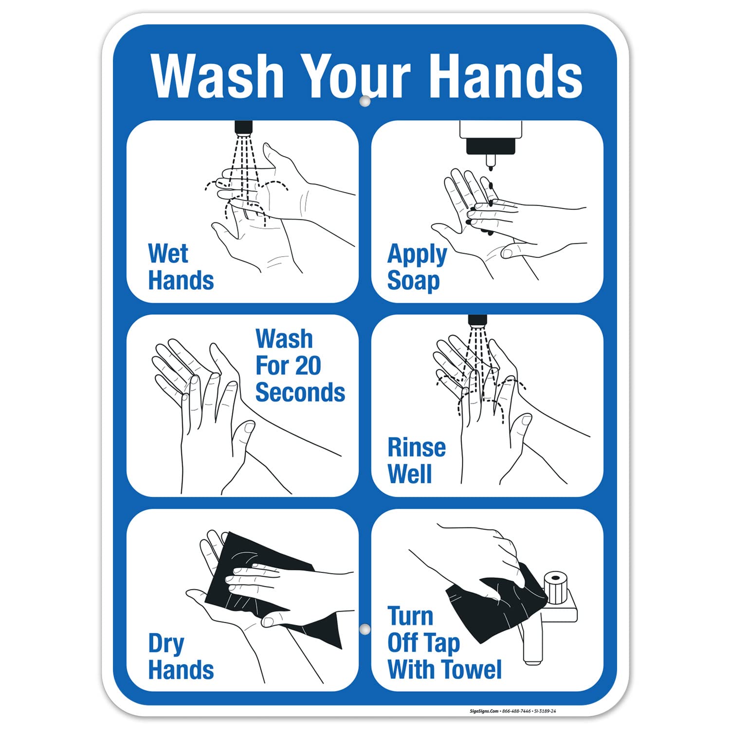 6 Steps Hand Washing Sign - 18x24 Inches Rustproof Aluminum Hygiene Poster for Restaurants, Hospitals & Schools | Fade-Resistant .063