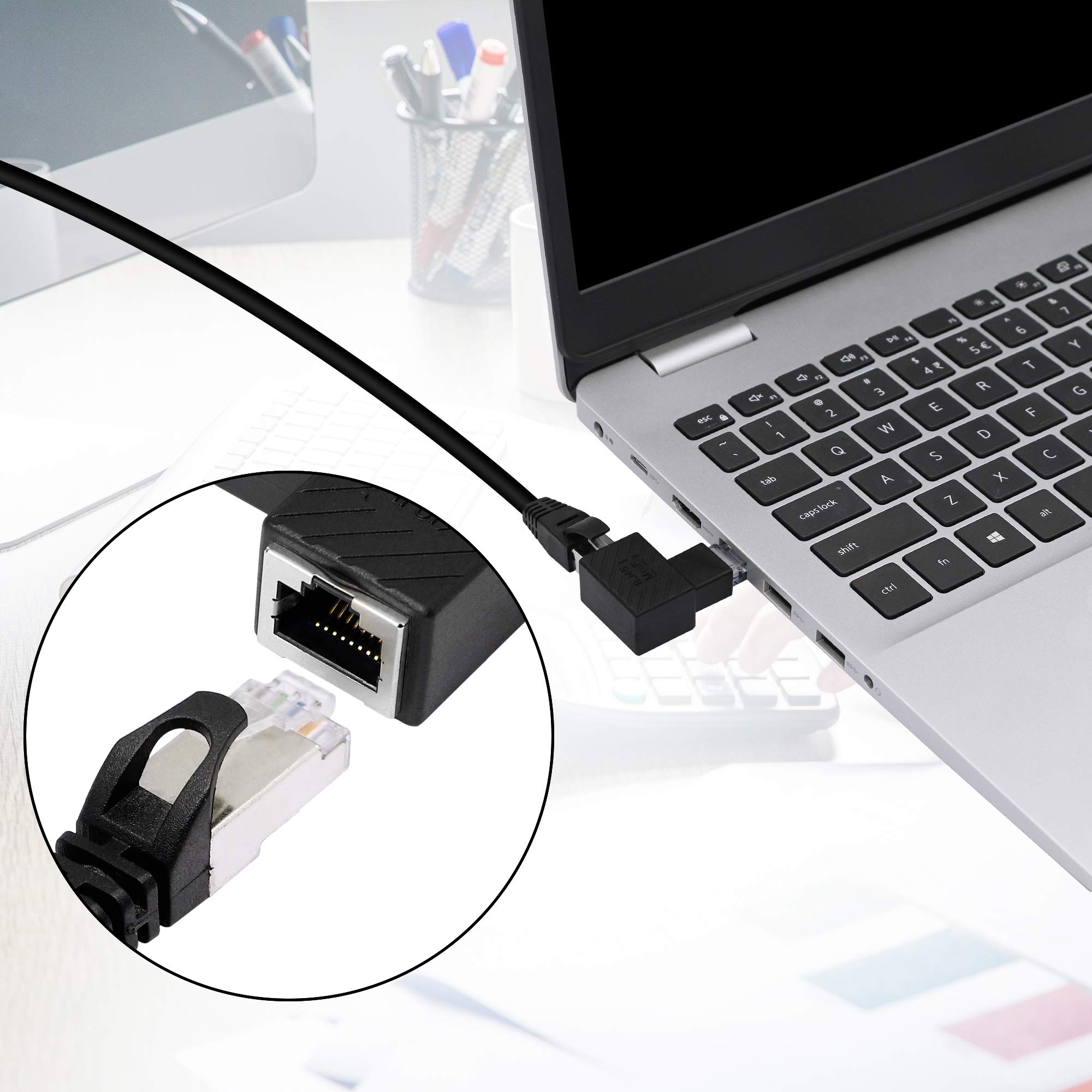 90 Degree Left Angle Ethernet Adapter - RJ45 Male to Female Cat6 LAN Extension Connector for Computers, Laptops, Routers (2-Pack) - Perfect for Tight Spaces & Cable Management