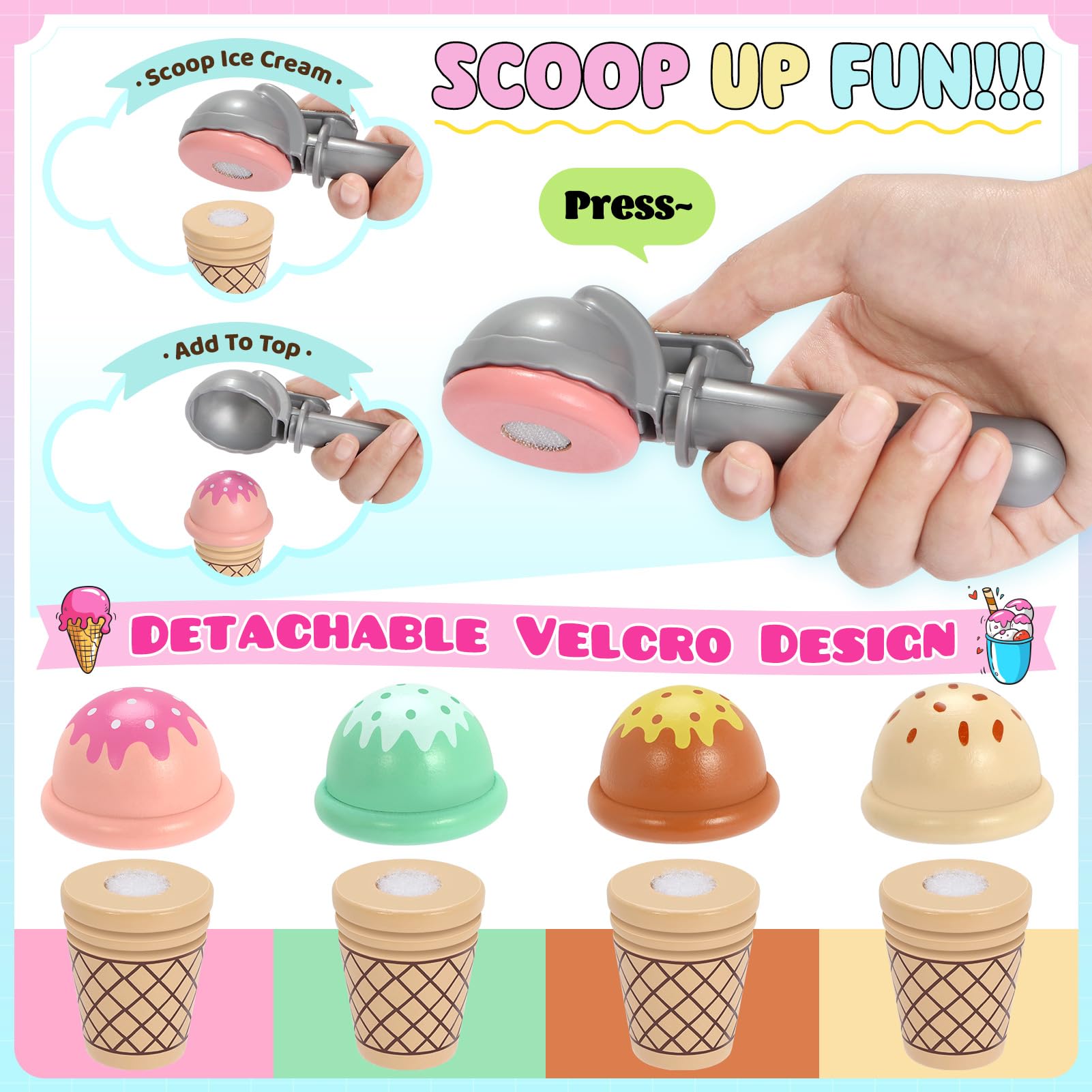 INNOCHEER Wooden Ice Cream Play Set - Pretend Play Kitchen Toys for Toddlers, Ice Cream Shop Playset with Scoop & Toppings - Educational Toys for 3 4 5 6 7 8 Year Old Boys Girls - Perfect for Birthday Gifts & Role Play Learning