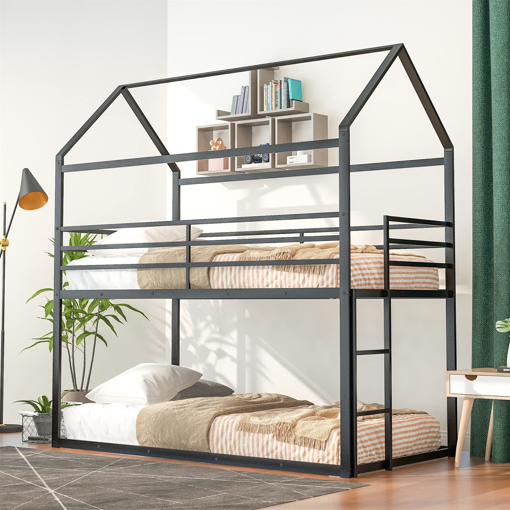 **Heavy Duty Metal Bunk Beds Twin Over Twin with Ladder & Slats - Sturdy Low Bunk Bed Frame for Kids, Teens, Boys & Girls - Perfect for Small Bedrooms, Dorms, or Shared Kids' Rooms (Black)**