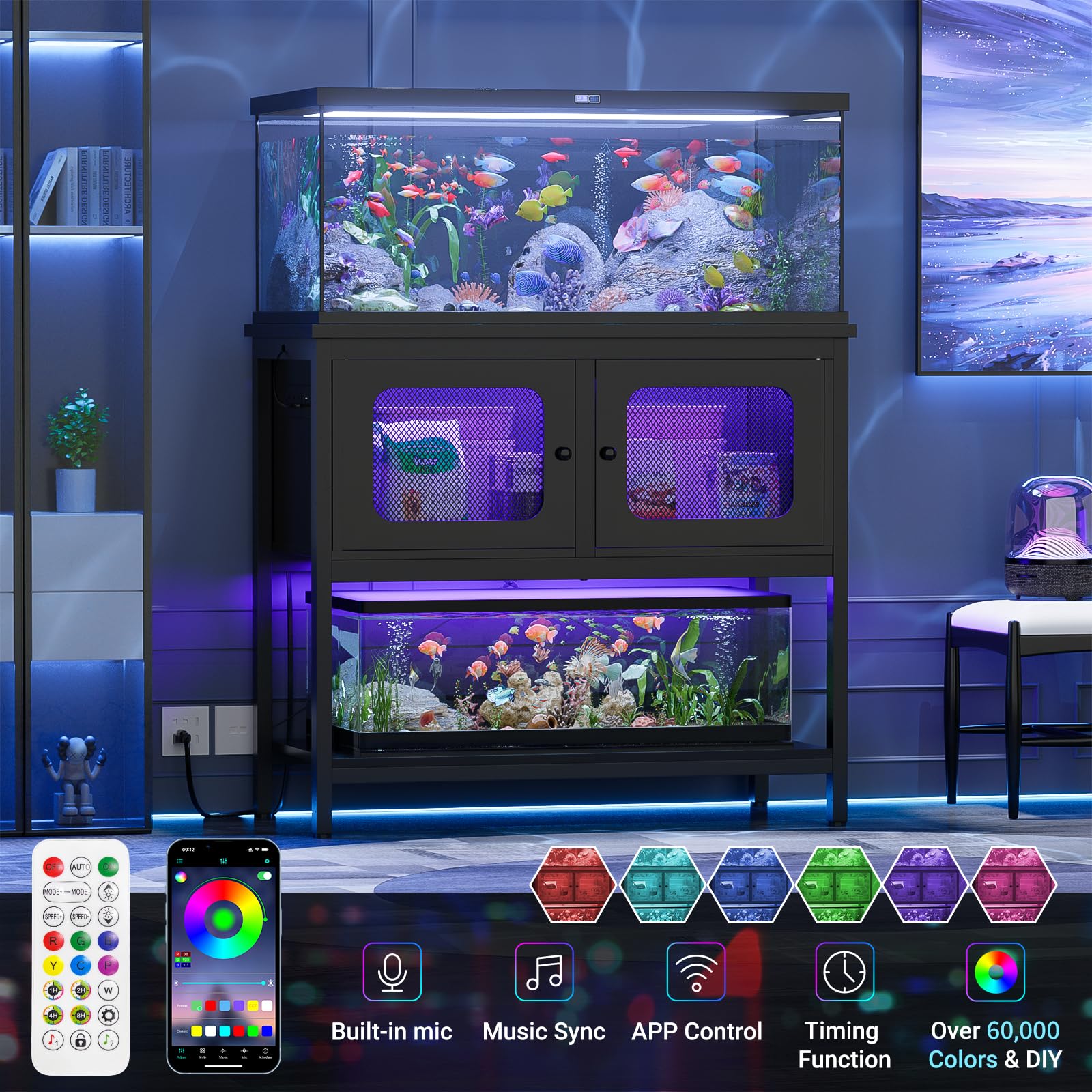 40-50 Gallon Fish Tank Stand with Cabinet Storage - Heavy Duty Metal Aquarium Stand for Reptile Terrarium, 37.5