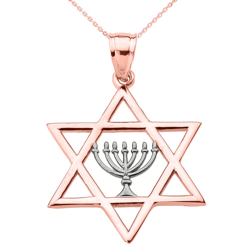 10K Rose Gold Star of David with Menorah Pendant Necklace for Men & Women - Jewish Jewelry Gift for Hanukkah, Bar Mitzvah & Religious Occasions
