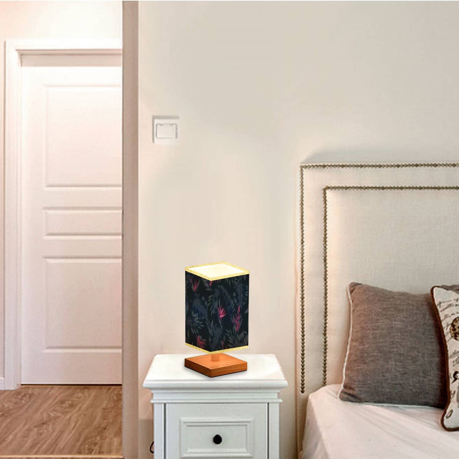 Modern Dimmable Nightstand Lamp with Tropical Bird of Paradise Design - Wooden Base & Flaxen Fabric Shade for Bedroom, Living Room | Perfect Bedside Lighting for Reading & Relaxation