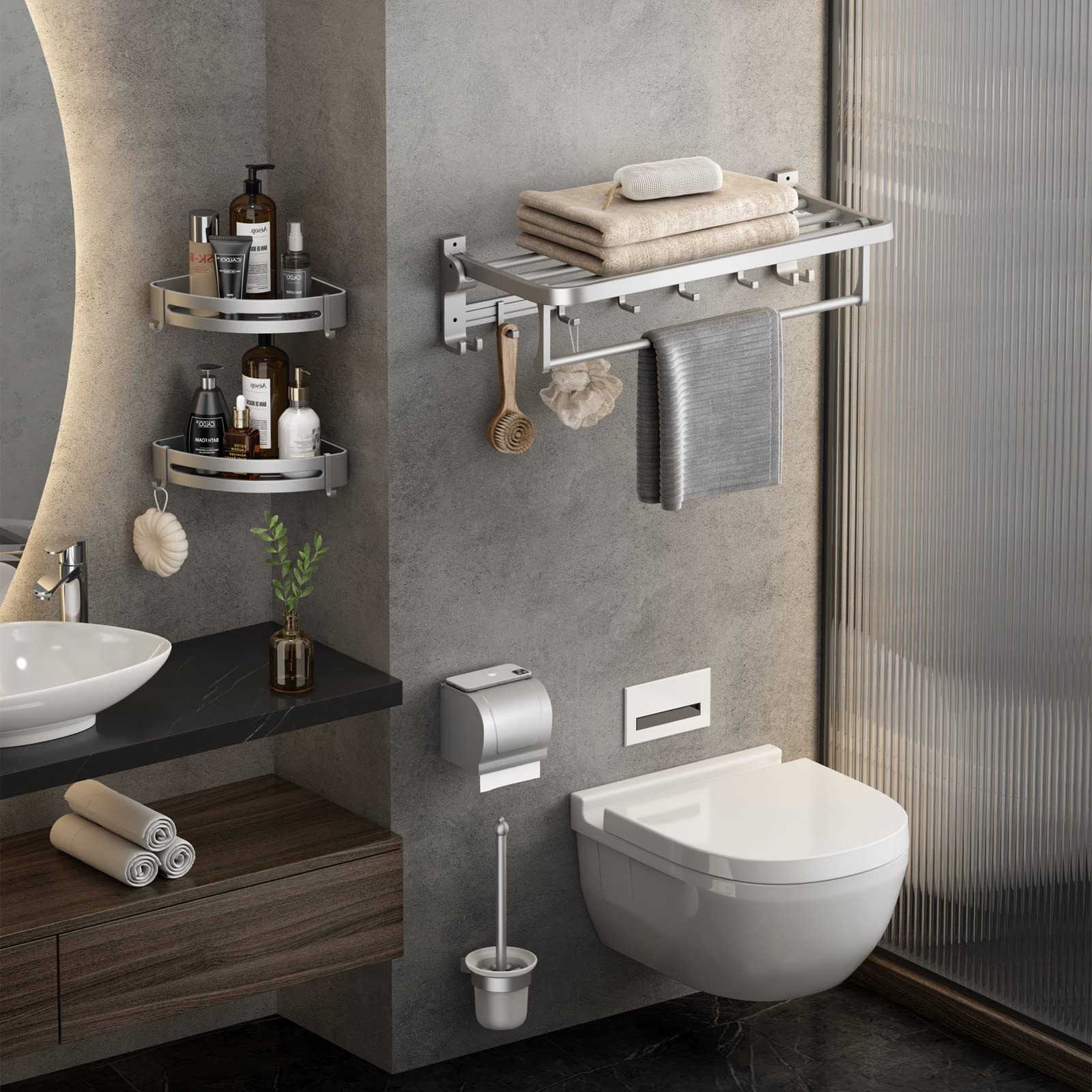 Foldable Wall Mounted Towel Rack with Bar & Hooks - 23.6 Inch Bathroom Towel Organizer Shelf in Matte Silver - Perfect for Small Bathrooms, Laundry Rooms & Spa Spaces