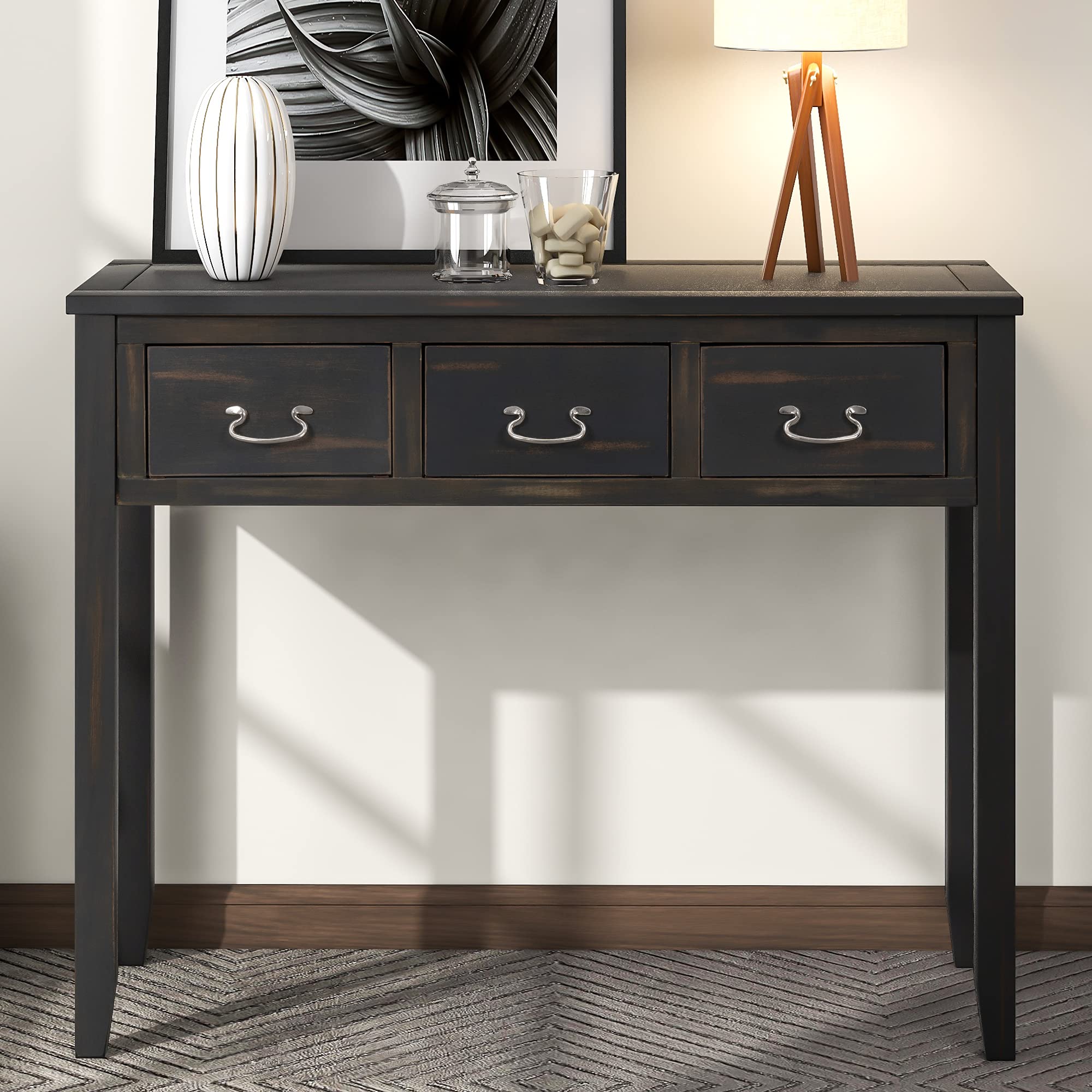 Modern Retro Style Console Table with 3 Storage Drawers - Solid Wood Sofa Table, Entryway Sideboard & Hallway Buffet Table - Perfect for Living Room Decor, Small Space Organization & Entry Storage (Brown-2)