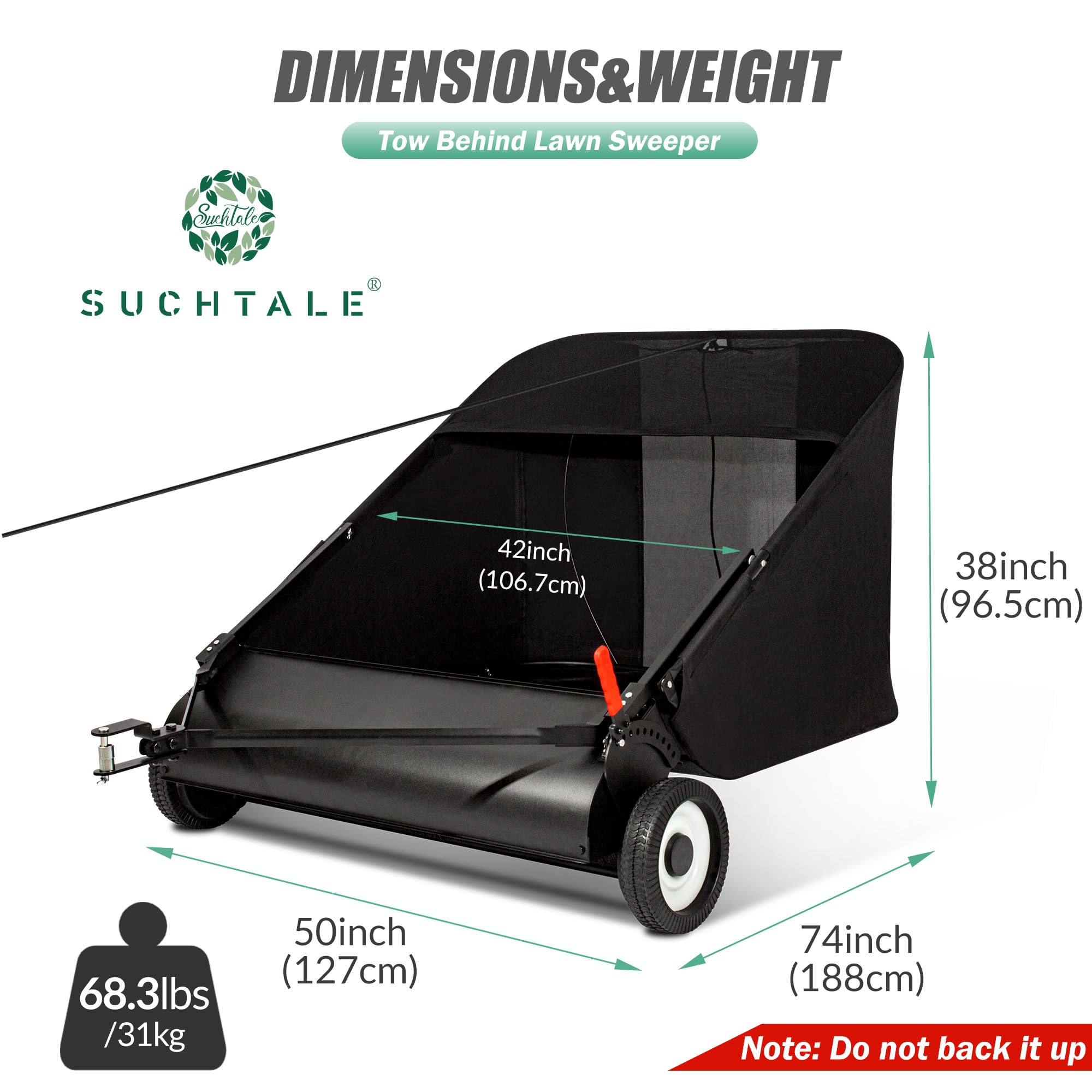 Upgraded 42-Inch Lawn Sweeper for Leaves & Grass - 21 cu.ft Large Capacity Yard Sweeper with Adjustable Height & 4 Spinning Brushes - Perfect for Yard, Lawn, Farm, Sidewalk & Leaf Collection
